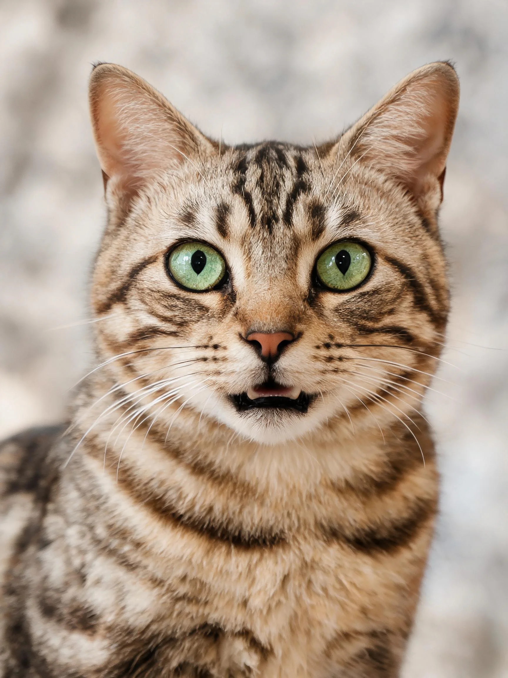 短毛虎斑猫拥有绿色眼睛,面部条纹清晰,嘴巴呈微张状态。