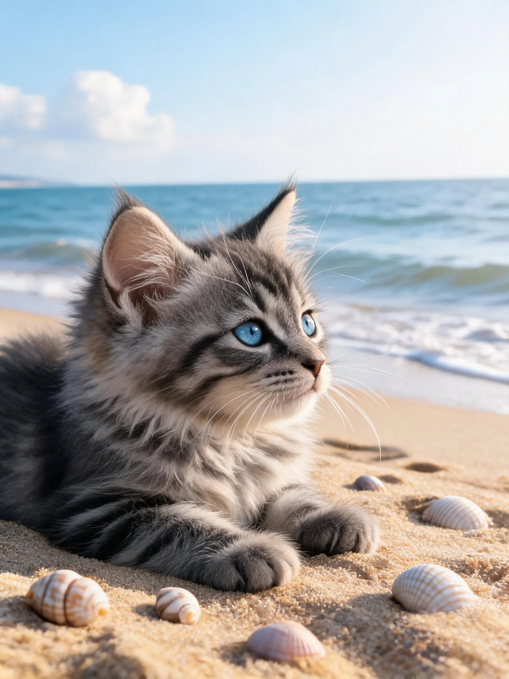 缅因猫幼崽有着蓝色眼睛，蓬松的灰黑色带条纹毛发贴在沙滩上。