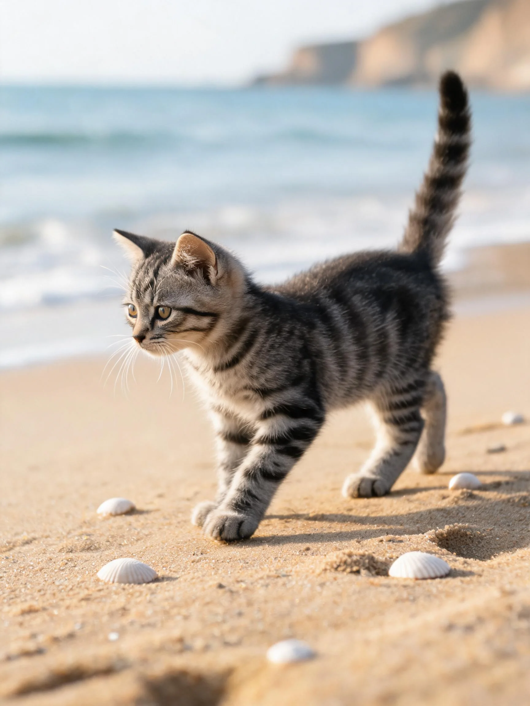 短毛虎斑猫正迈着步子在沙滩行走,皮毛柔软顺滑,眼神专注。