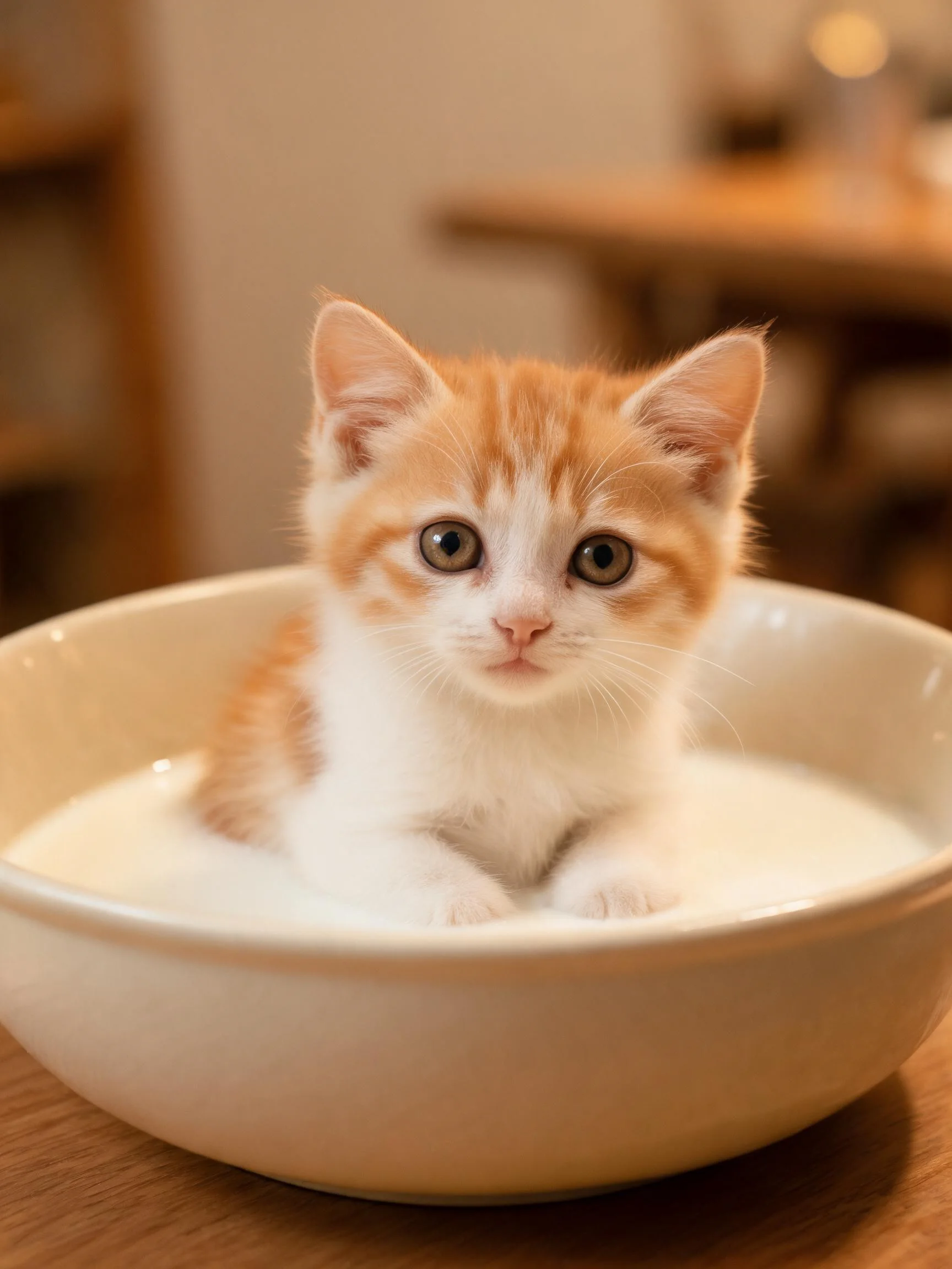 橘白短毛家猫半身浸在乳白色牛奶中，圆睁双眼凝视前方，毛发柔顺贴附身体。