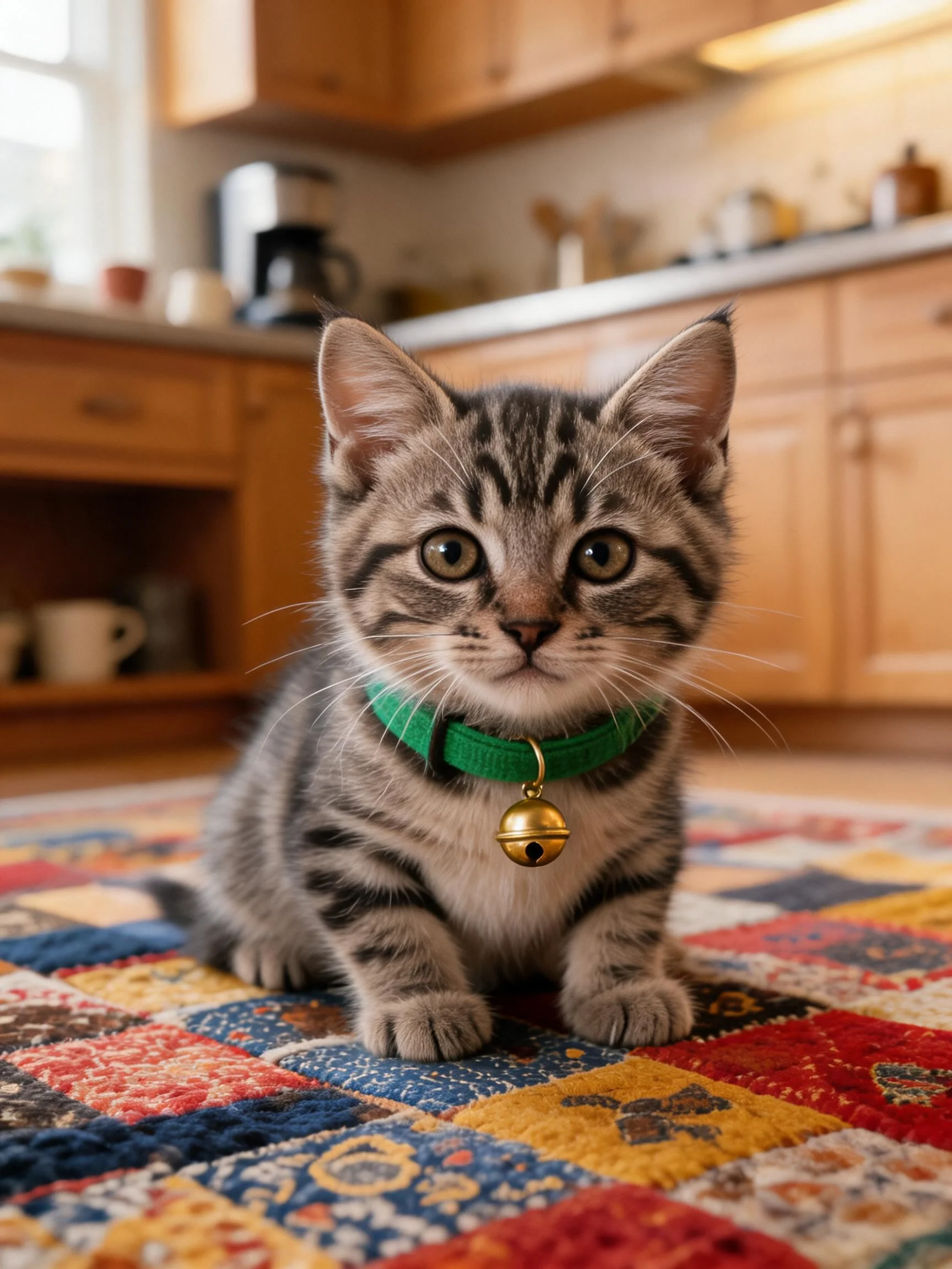 短毛虎斑家猫戴着绿色项圈,项圈上挂着金色铃铛,正坐在色彩丰富的大地毯上,眼神专注看向镜头。