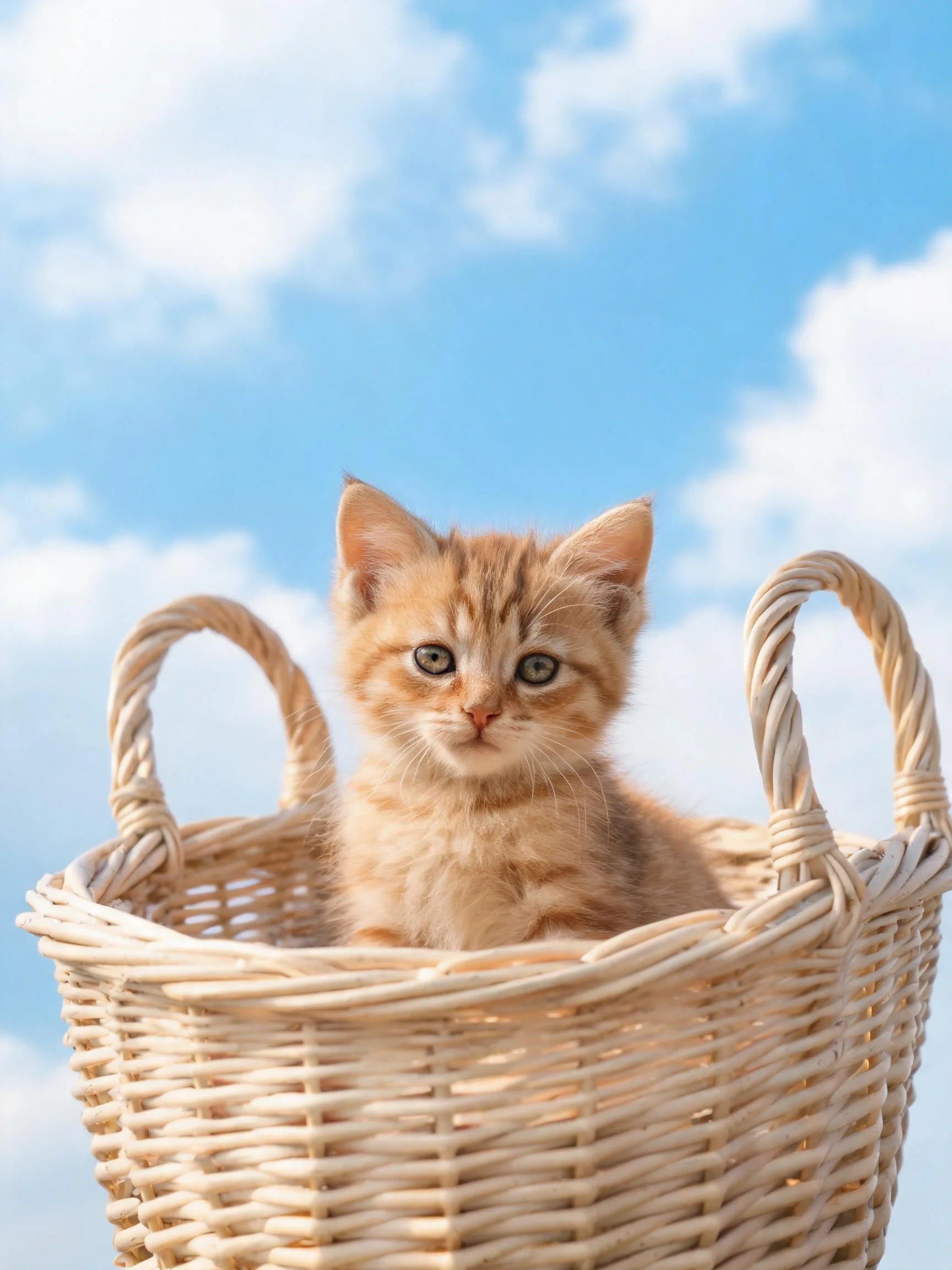 橘色短毛家猫有着浅橙色带深色条纹的被毛,正坐在浅色藤编篮里。