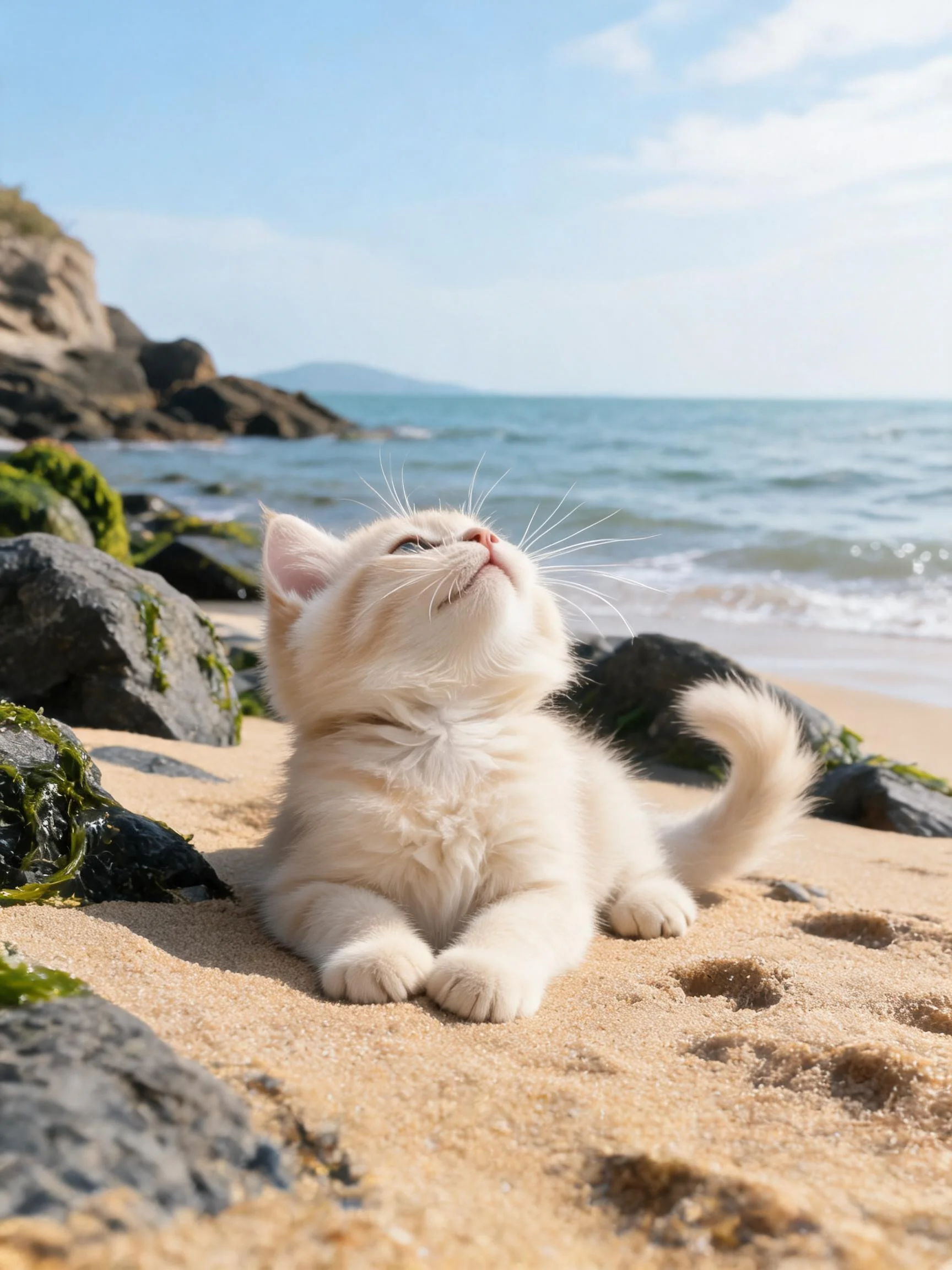 奶油色短毛小猫抬头仰望天空,蓬松的白色被毛在阳光下清晰可见。