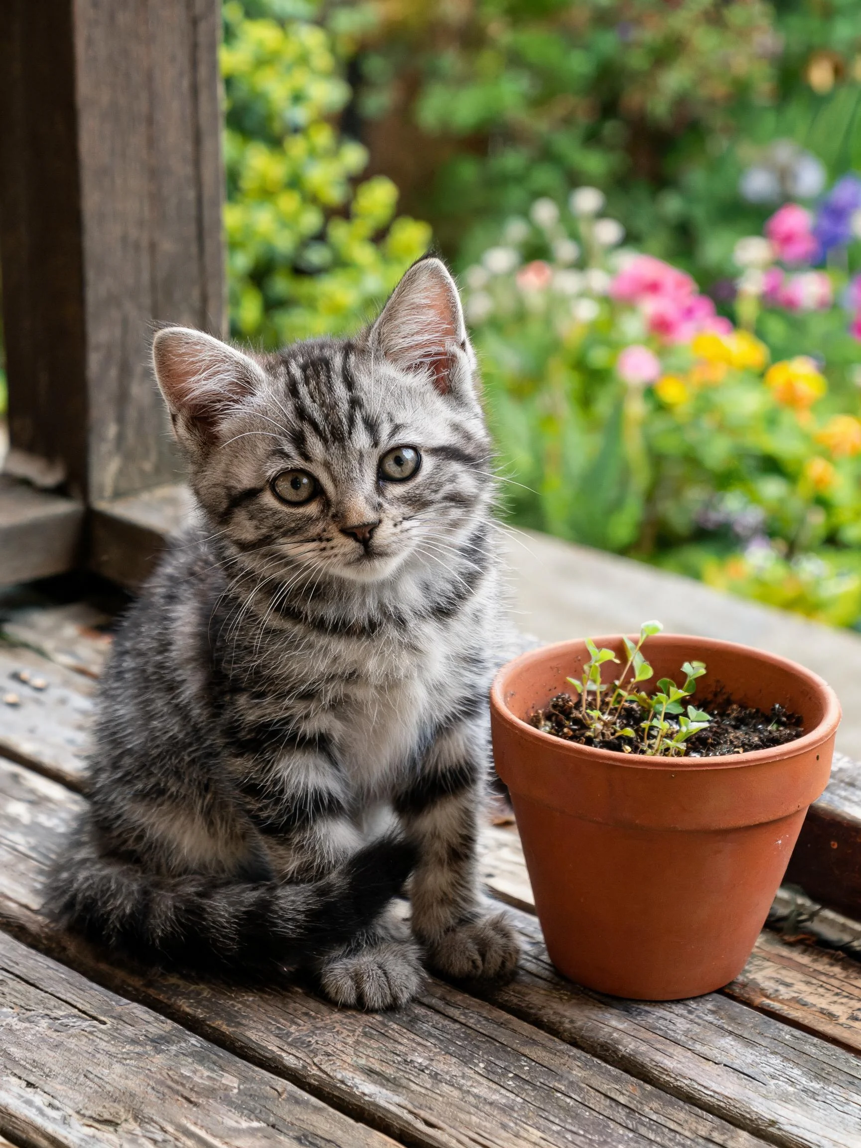 灰虎斑短毛猫有着清晰的条纹毛发,正安静地坐在木质平台上,旁边是装有幼苗的陶土盆。