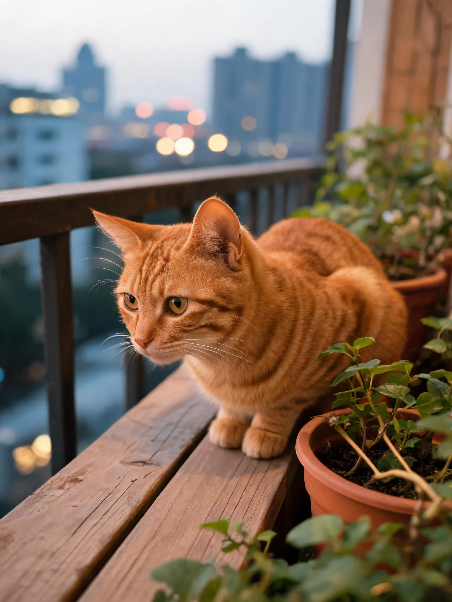 橘色短毛家猫,黄色眼睛专注地注视着远处,皮毛呈现出的条纹纹理。