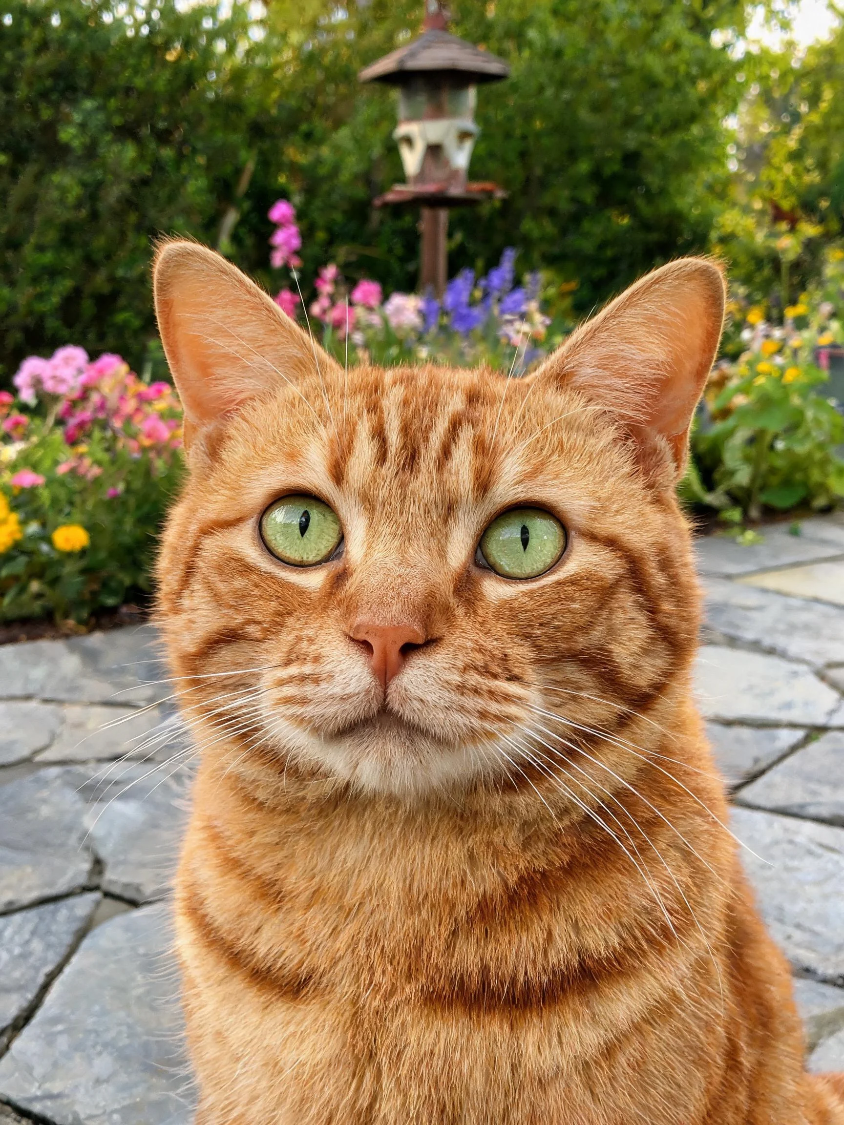 橘色短毛猫有着绿色大眼睛,毛发柔软蓬松,正安静地注视着镜头。