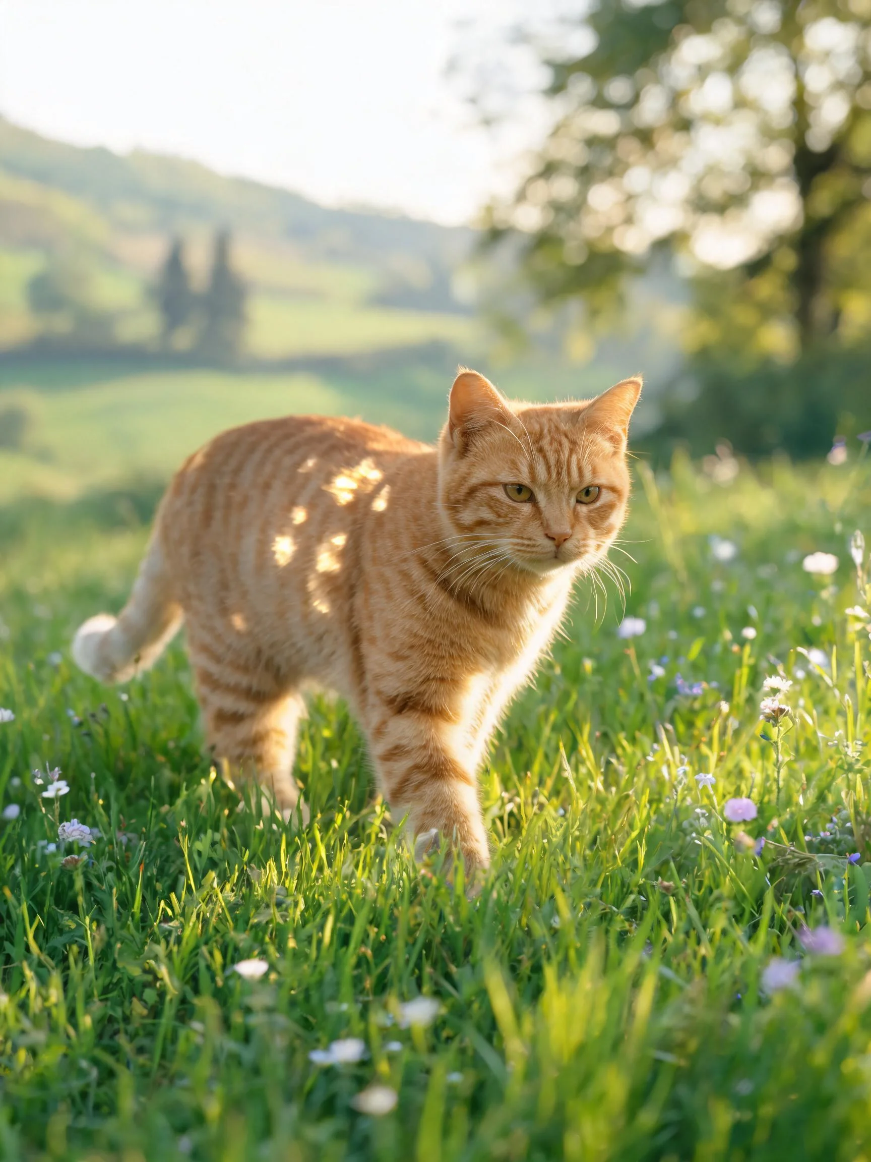 一只橘色虎斑短毛猫在草地上行走,背部条纹清晰可见。