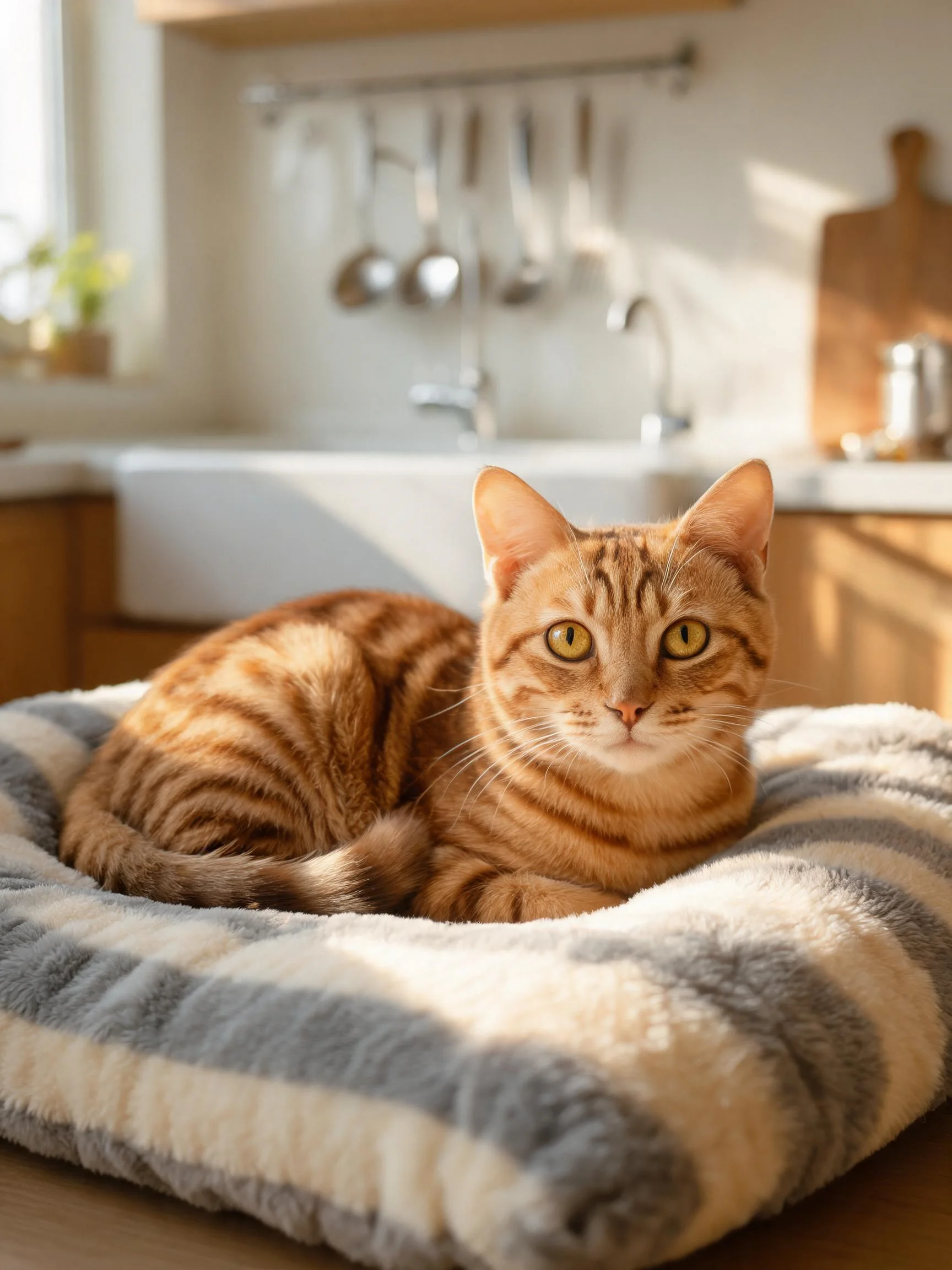 虎斑短毛猫安静趴在条纹软垫上,橙金相间的虎纹毛发在柔和光线映照下显得格外柔软。