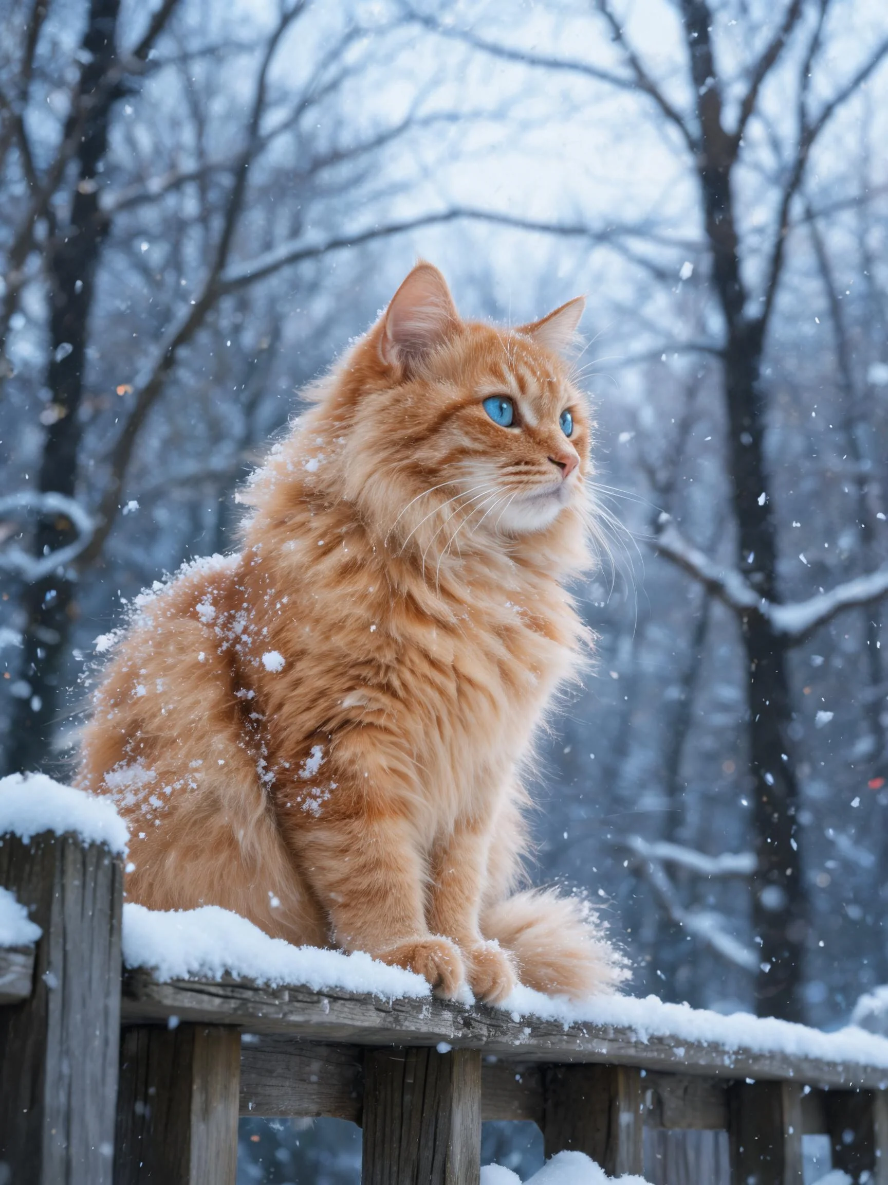 缅因猫有着蓬松的橘色皮毛,蓝色的眼睛明亮清澈,毛发上沾着雪花,正安静地坐在覆雪的木质围栏上凝视远方。