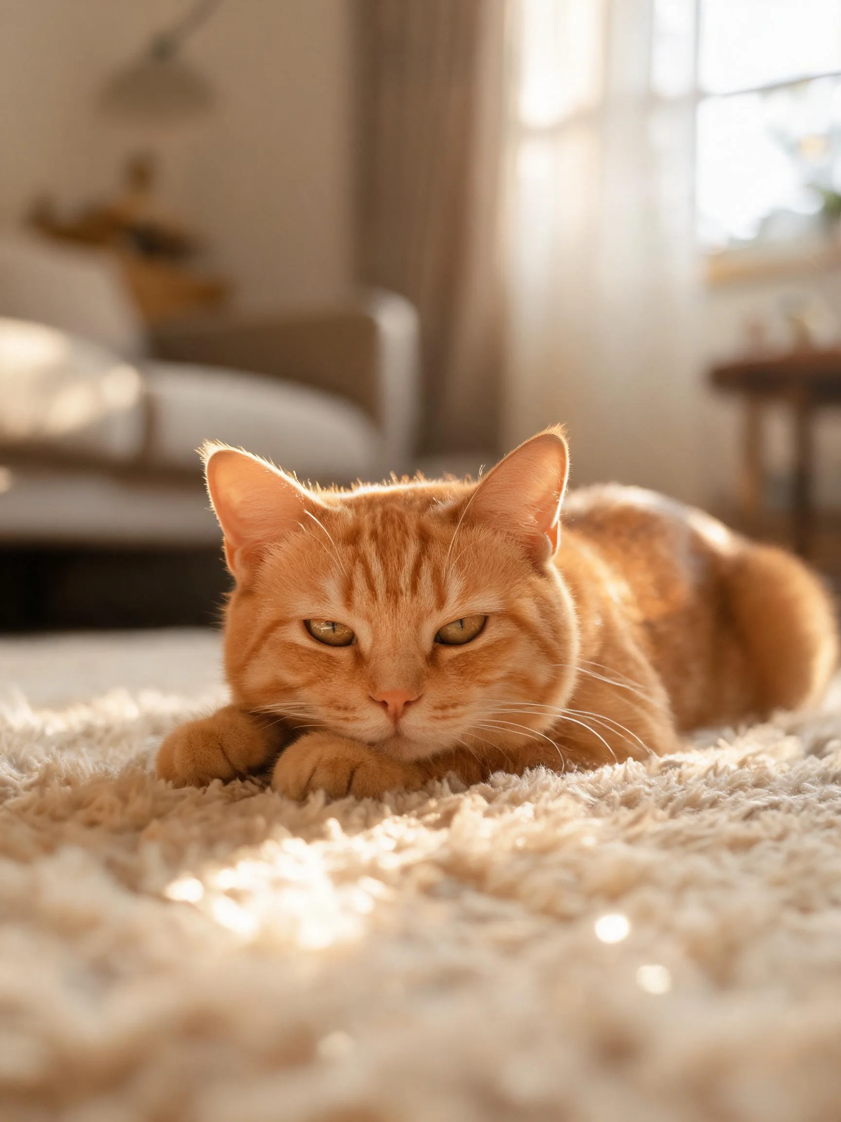 短毛橘猫安静趴在柔软地毯上,双眼半睁呈现放松状态,暖黄色毛发在光下显得柔顺。