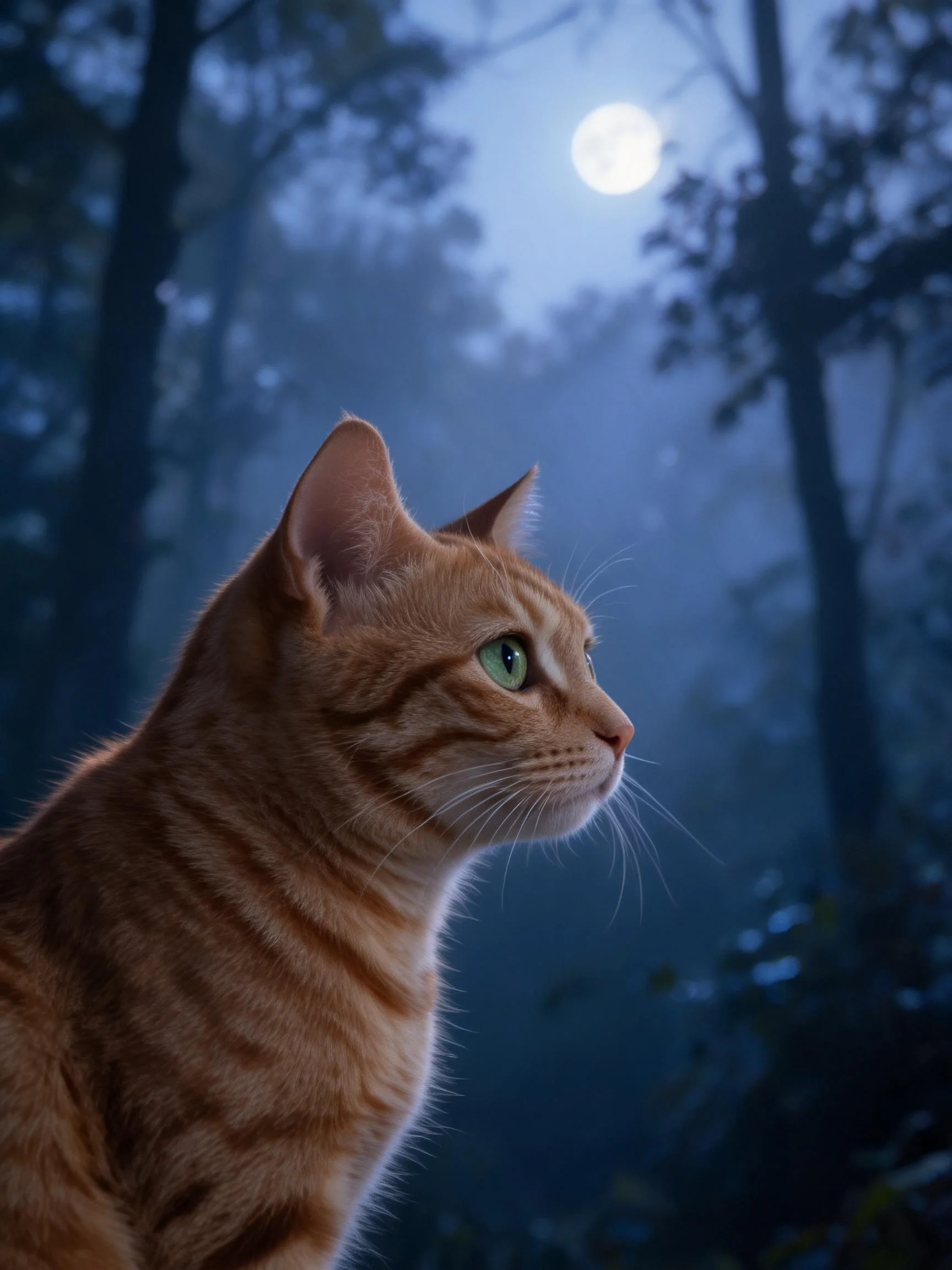 橘色短毛虎斑猫凝视月光下的森林,胡须修长挺直,皮毛呈现丰富条纹纹理。