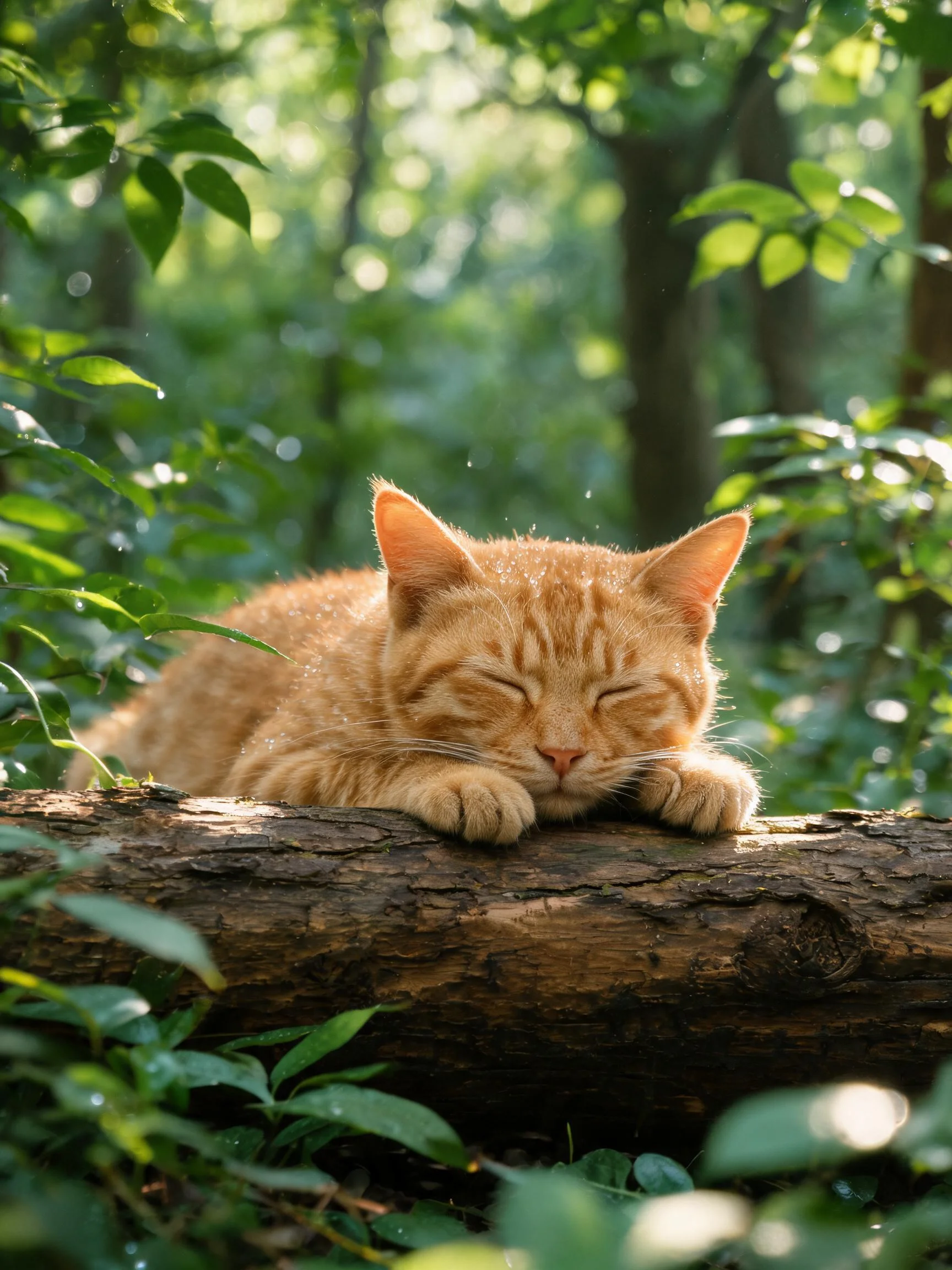 橘色短毛家猫闭着眼睛趴在树干上，皮毛湿润贴在前额，周围是茂密森林环境。