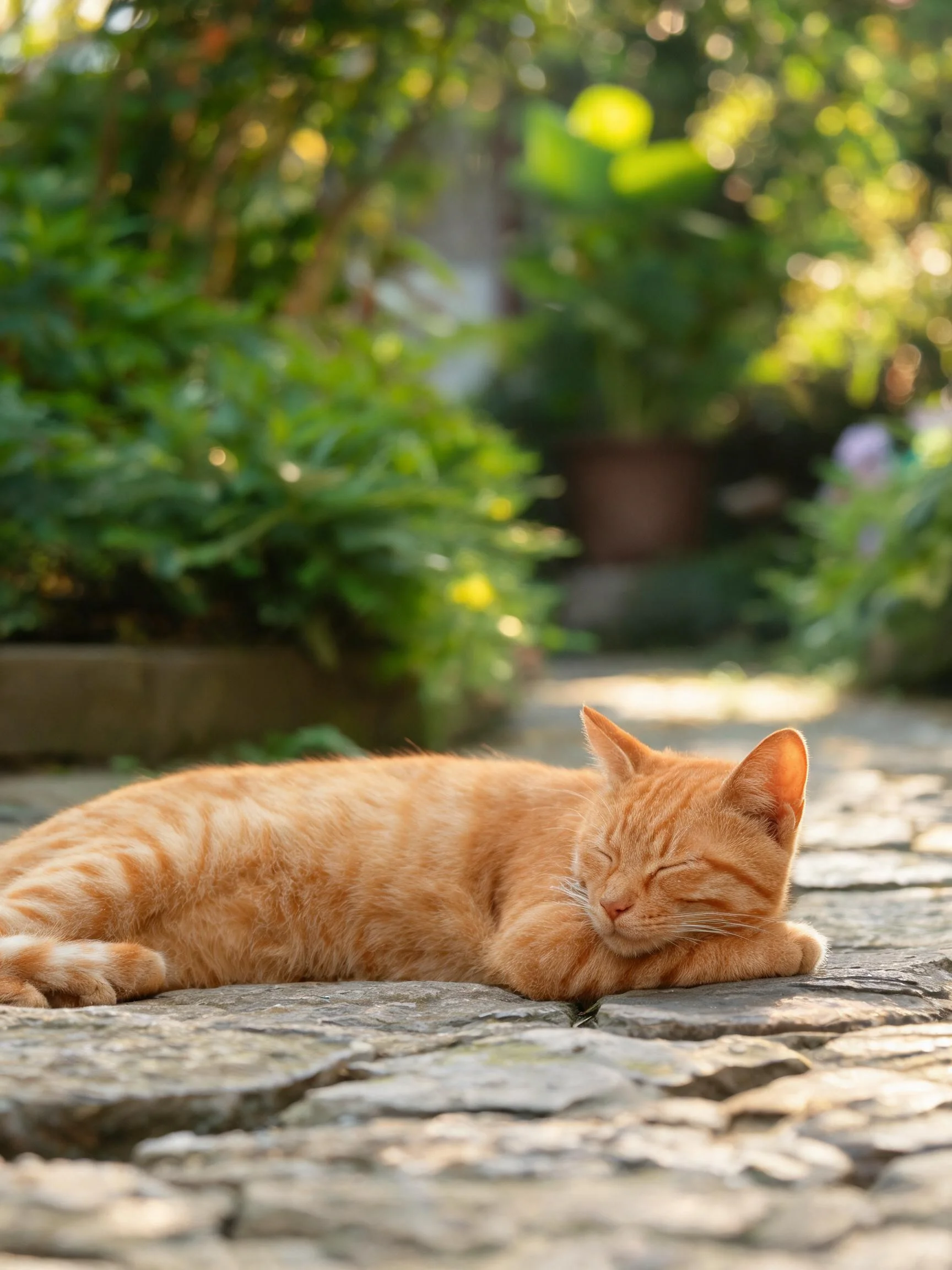 橘色短毛猫安静地趴在石板路上,皮毛带有条纹,阳光照射下显得格外温暖。