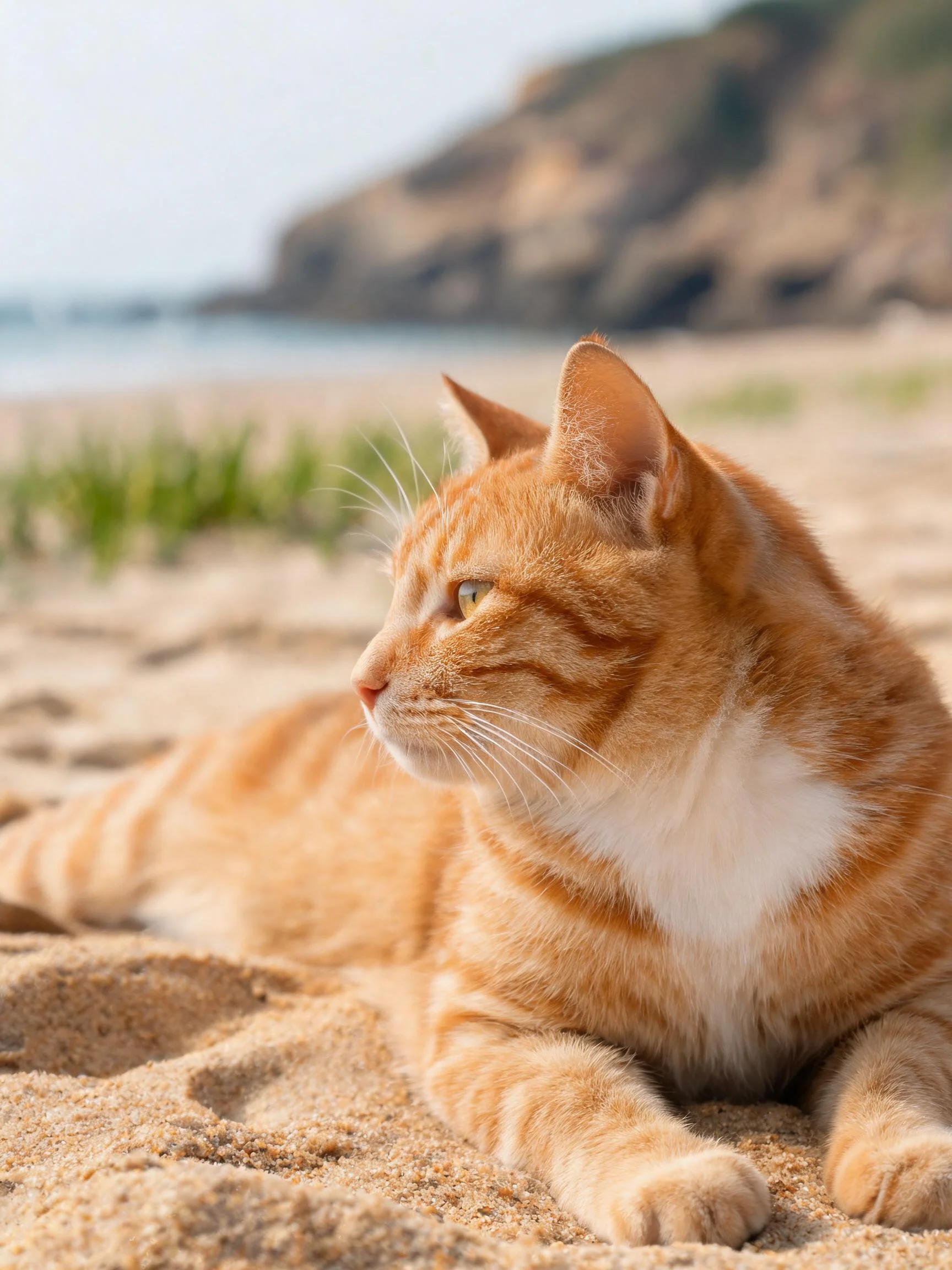 沙滩上橙白相间的短毛猫,胸部和下巴处的白色毛发清晰可见,正安静地注视着远方。