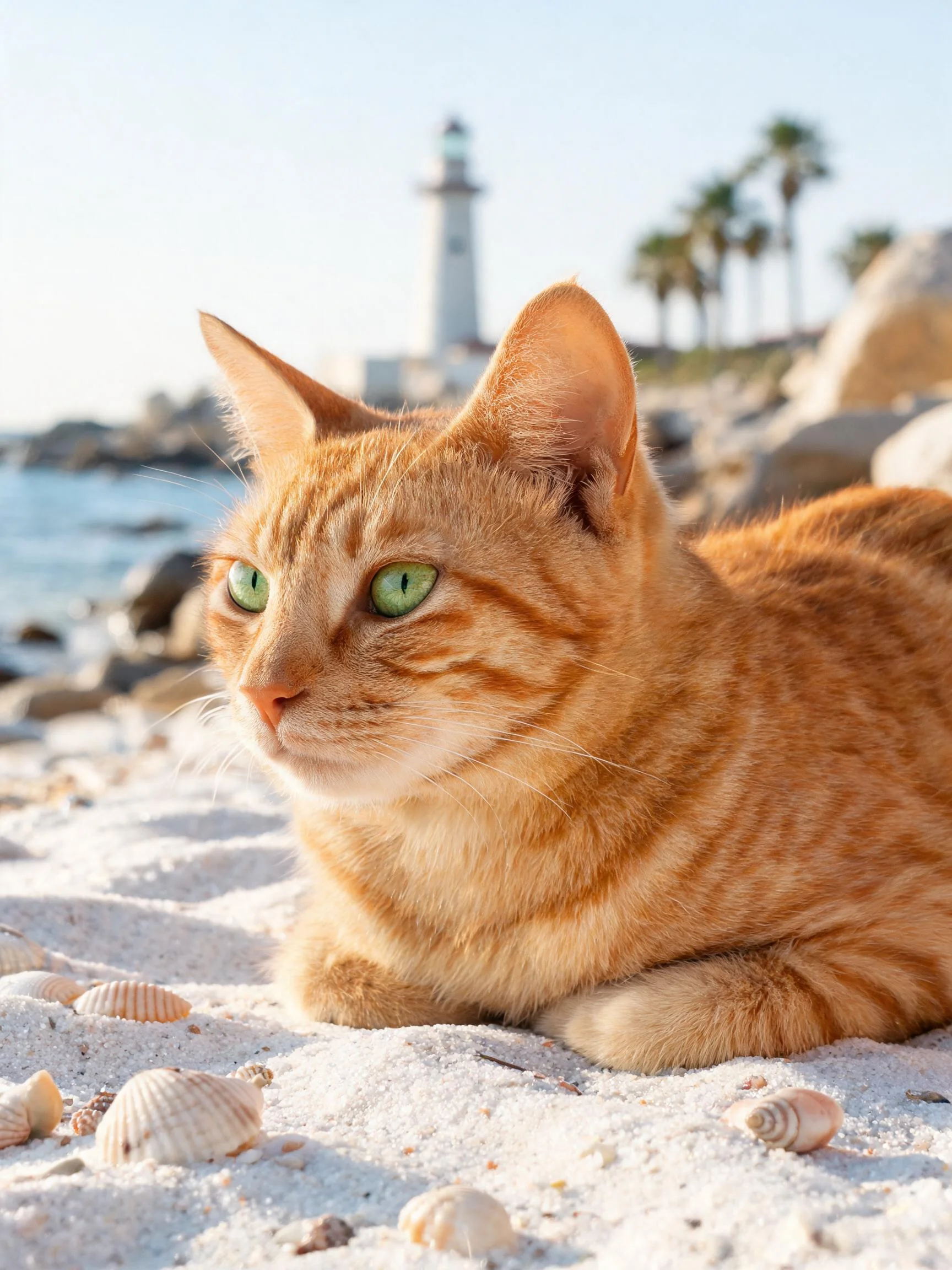 橙虎斑短毛猫趴在沙滩上,明亮的绿色眼睛注视远方,金棕色皮毛带有清晰条纹,周围散落着不同形状的贝壳。