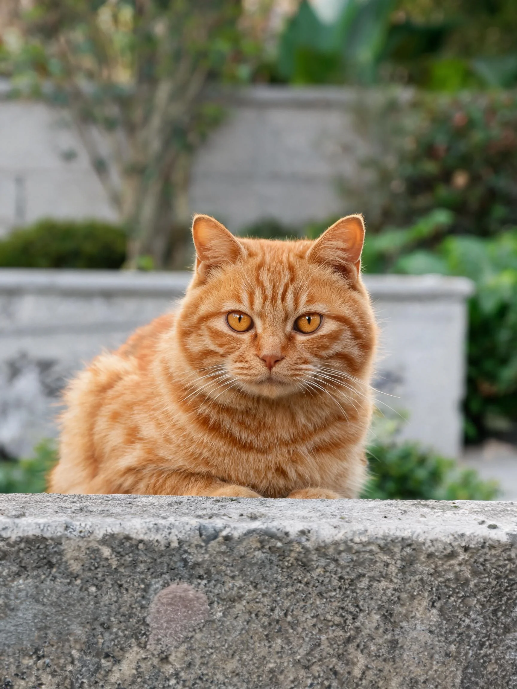 一只橘色短毛猫,拥有浓密橙黄色的虎斑纹毛发,正安静地趴在石质平台上观察周围环境。