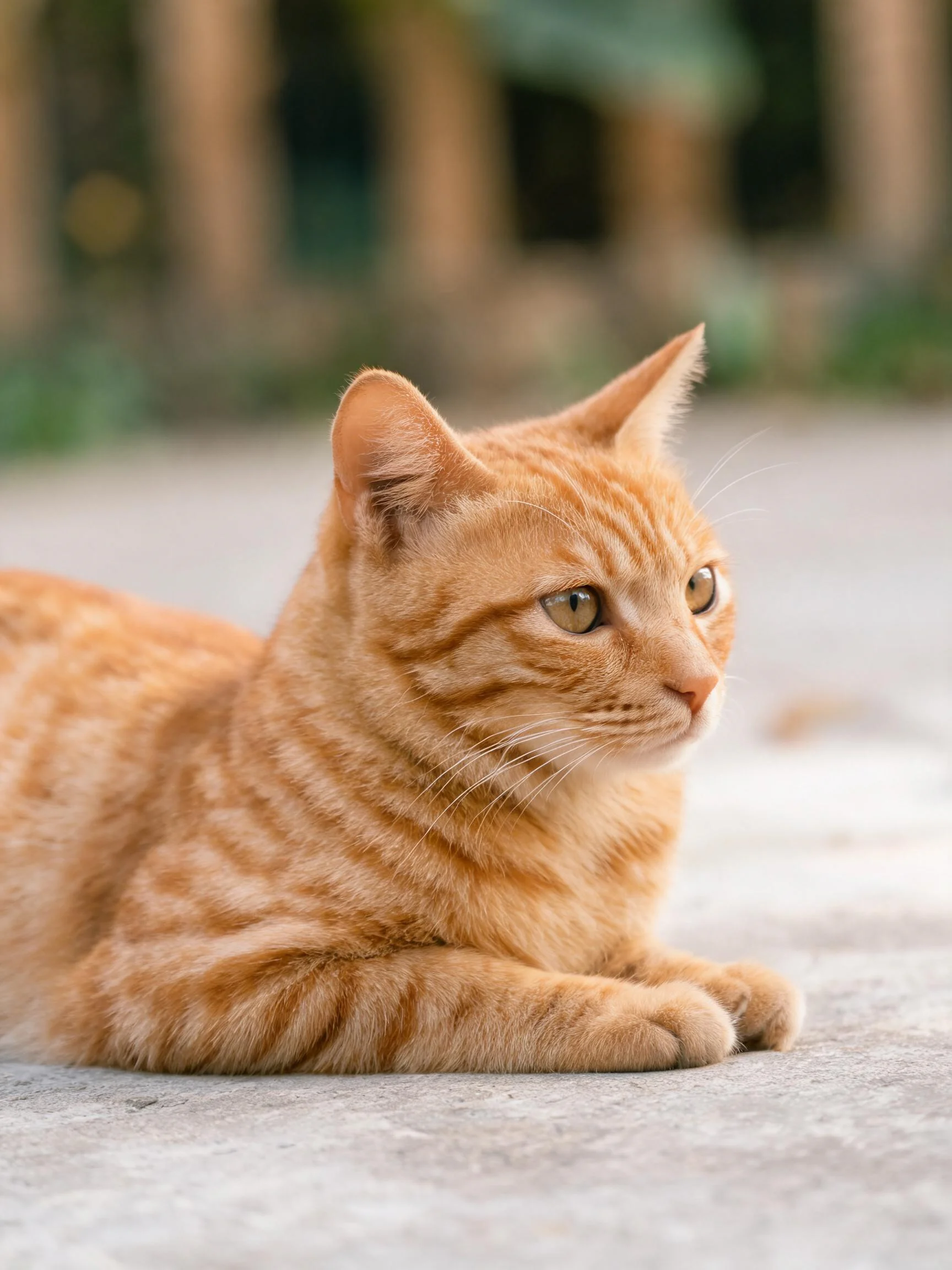 橘色短毛家猫安静趴在石板地面上,眼睛明亮注视前方,虎斑纹理清晰可见。