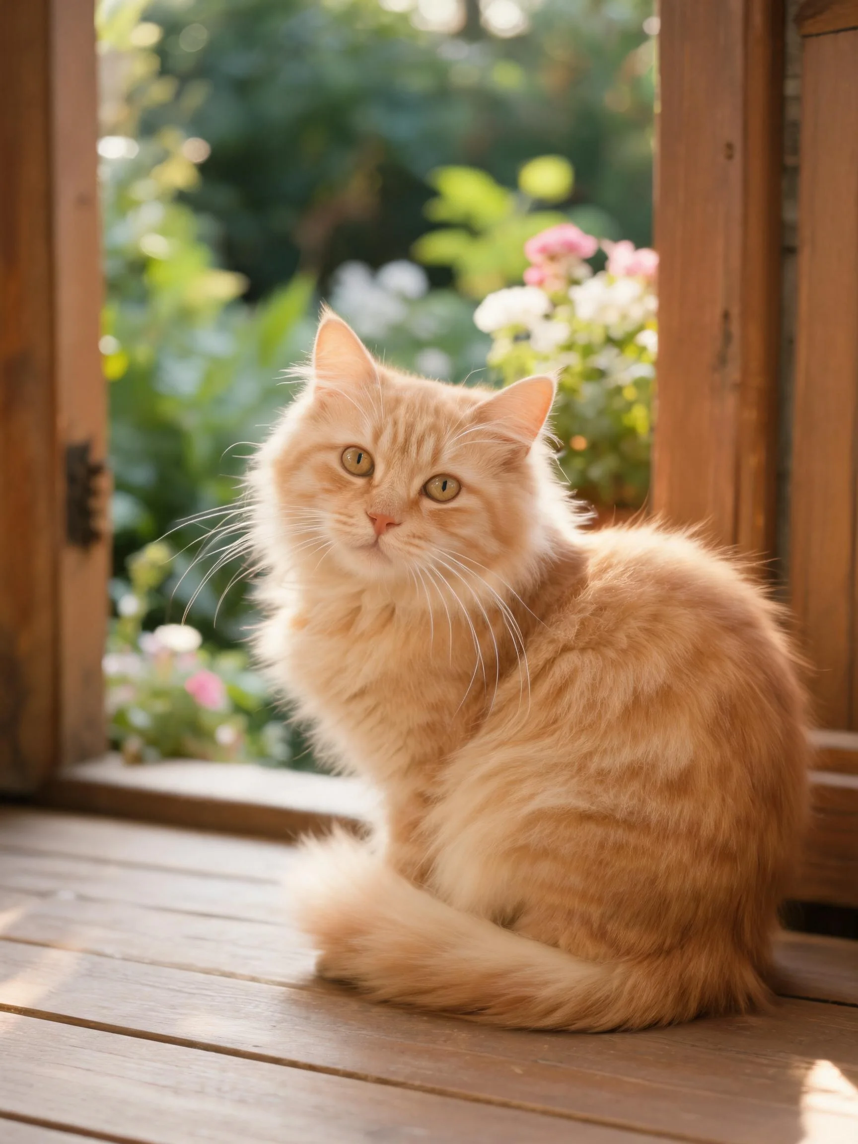 橘色虎斑短毛猫安静地坐在木质窗台上,毛发呈现出温暖的橙黄色调。