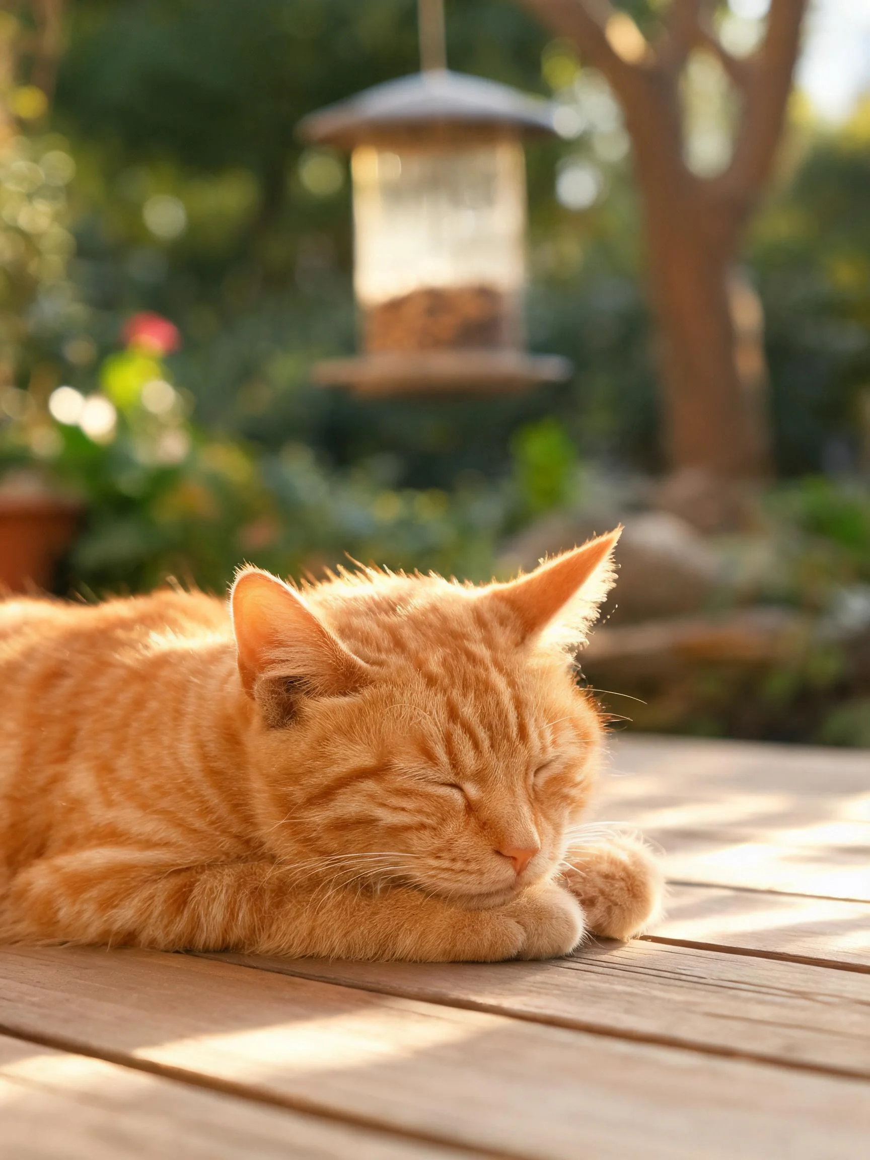 一只橘色短毛家猫闭着眼睛躺在木质平台上,柔软的橙黄色带条纹被毛在阳光下显得格外蓬松。