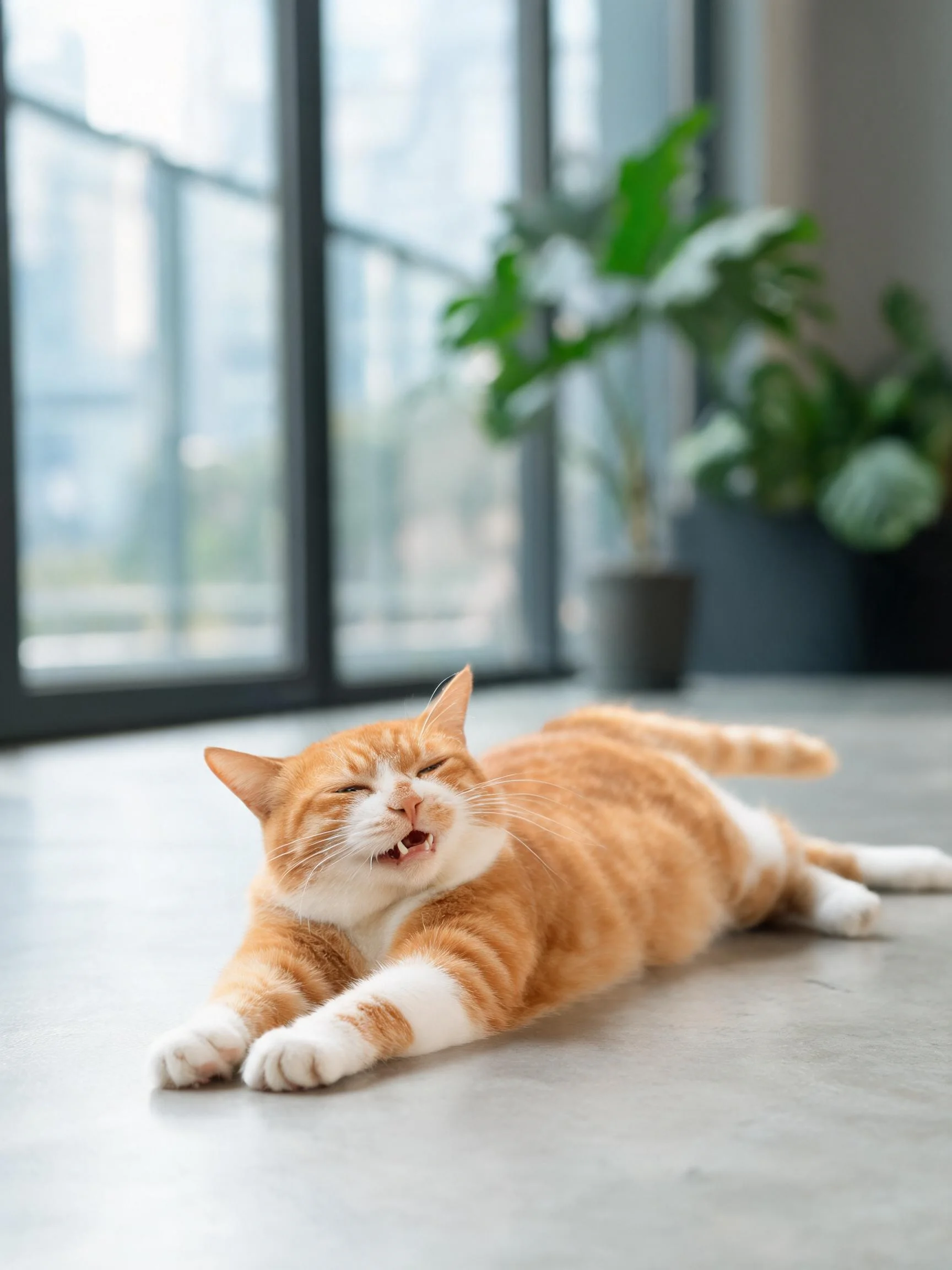短毛橘猫舒展身体放松,橙白相间被毛在明亮室内显得格外温暖。