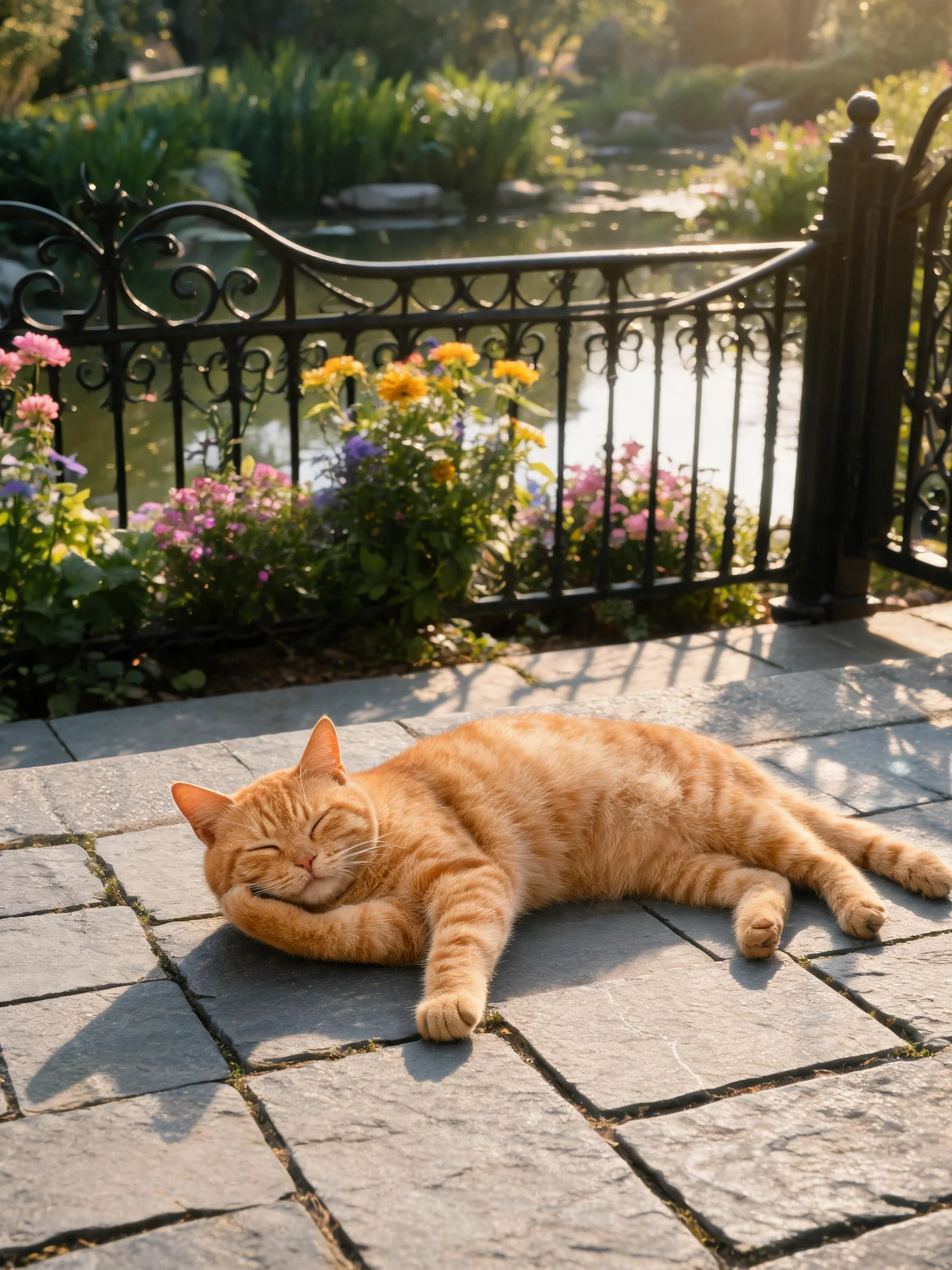 橘色短毛家猫闭眼睡眠,皮毛呈暖橙色带虎斑纹理,躺卧在园林石板路上。