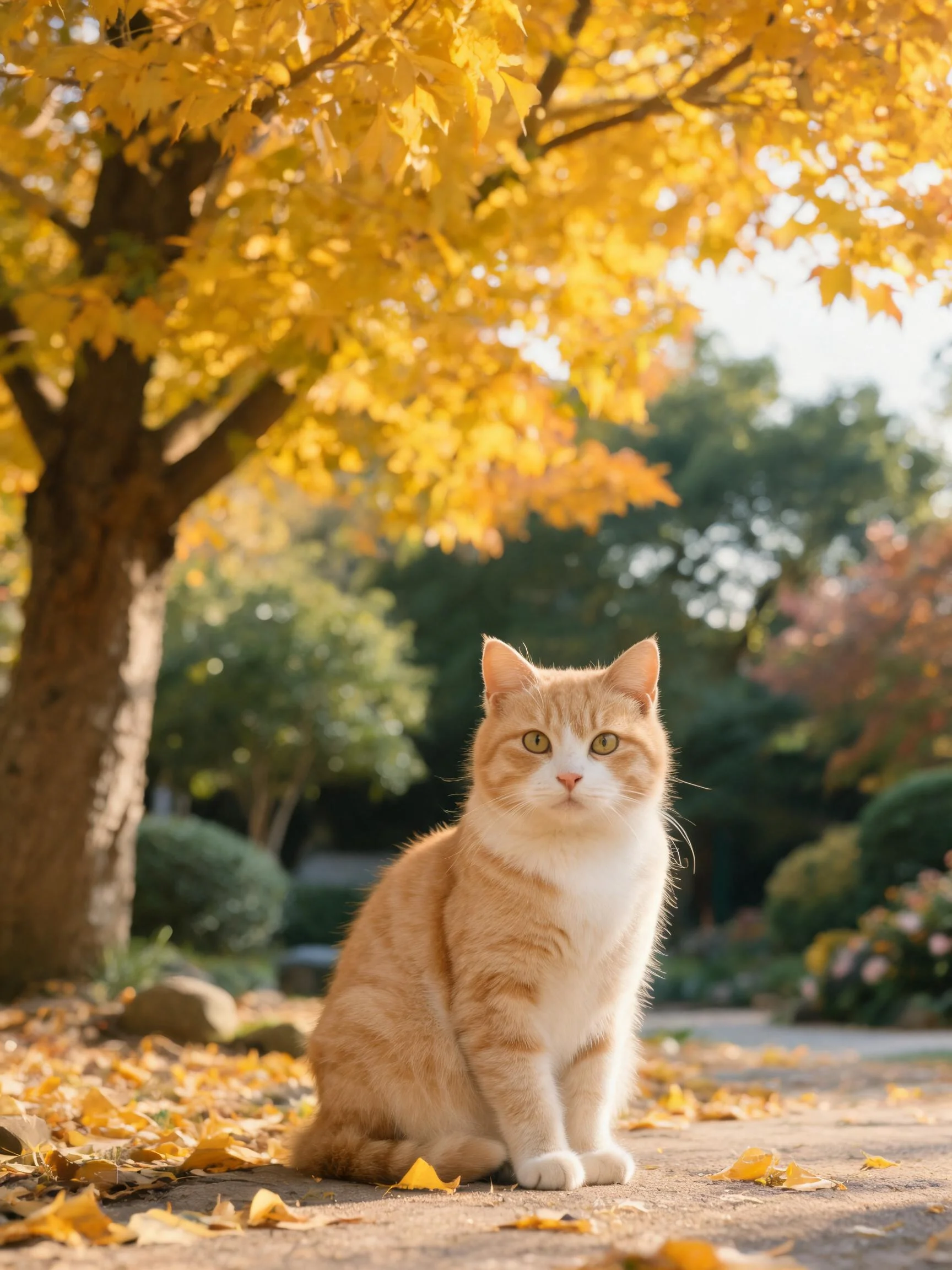 橘色短毛家猫安静地坐在满是黄色落叶的小径上,毛发柔顺有光泽,背景是金黄色的树木。