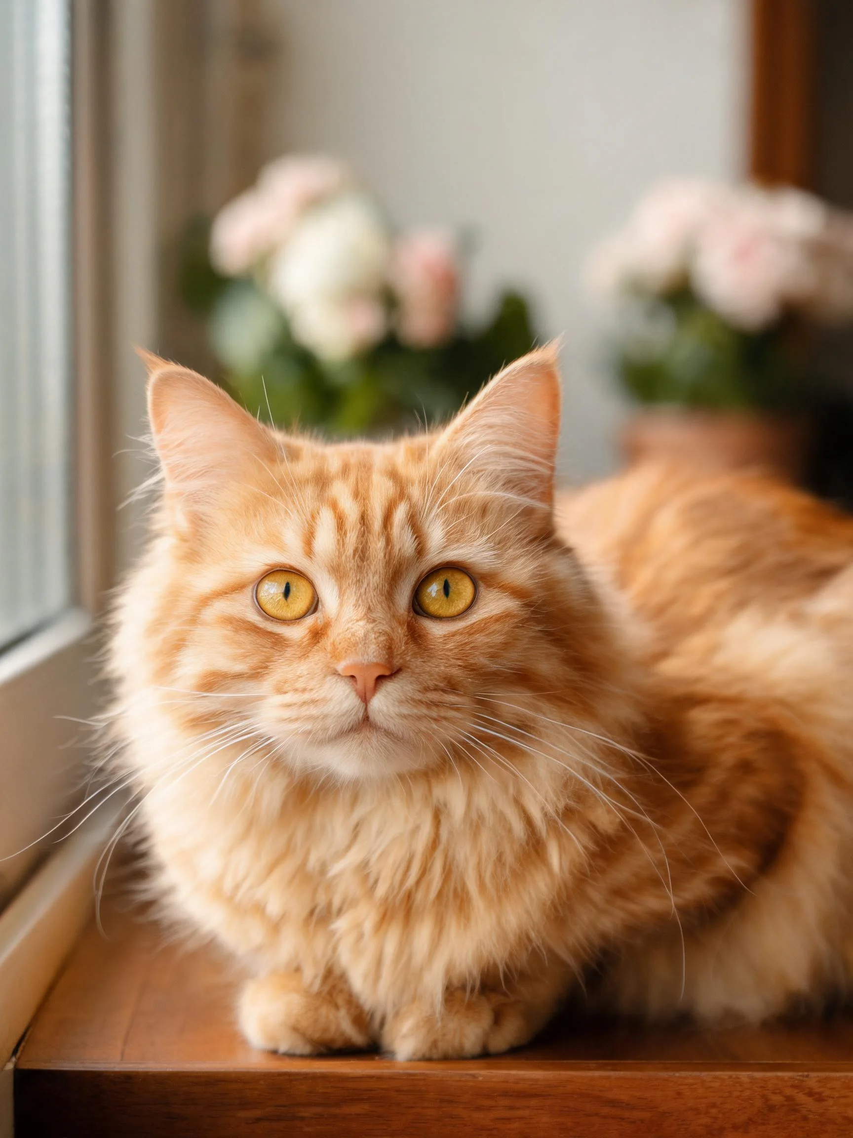 长毛橘猫有着蓬松的橘色皮毛和明亮的黄色眼睛,安静地坐在窗边木质平台上。
