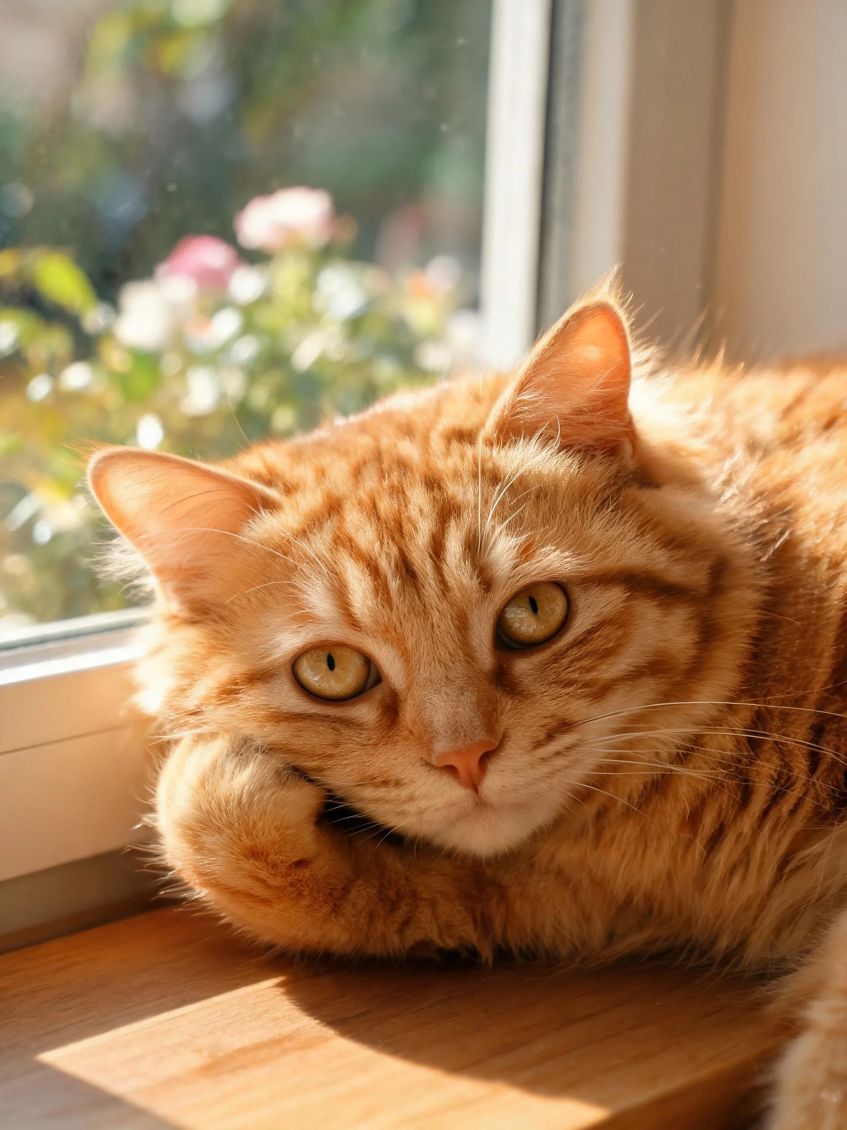 一只橘色短毛虎斑猫,毛发蓬松,正将前爪轻托脸颊趴在窗台上。