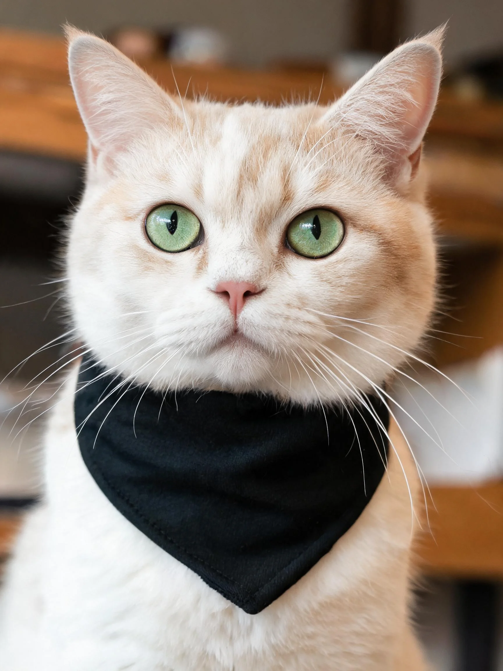 短毛奶油色英国短毛猫佩戴黑色围巾,拥有绿色眼睛,毛发柔软蓬松。