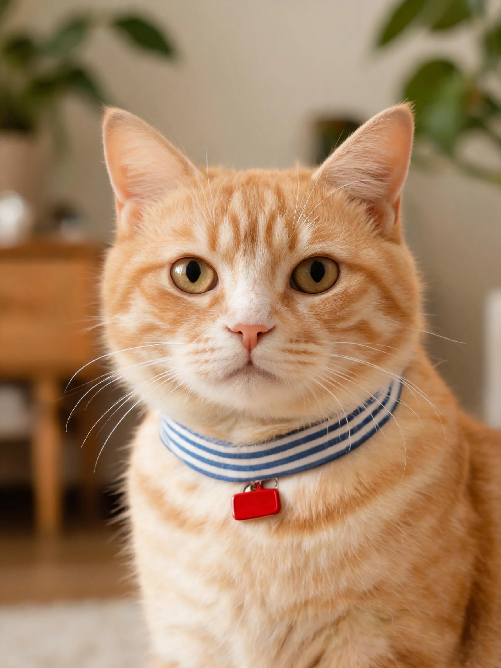 橘色短毛猫佩戴蓝白条纹项圈，项圈上挂着红色标识牌，眼睛明亮注视镜头。