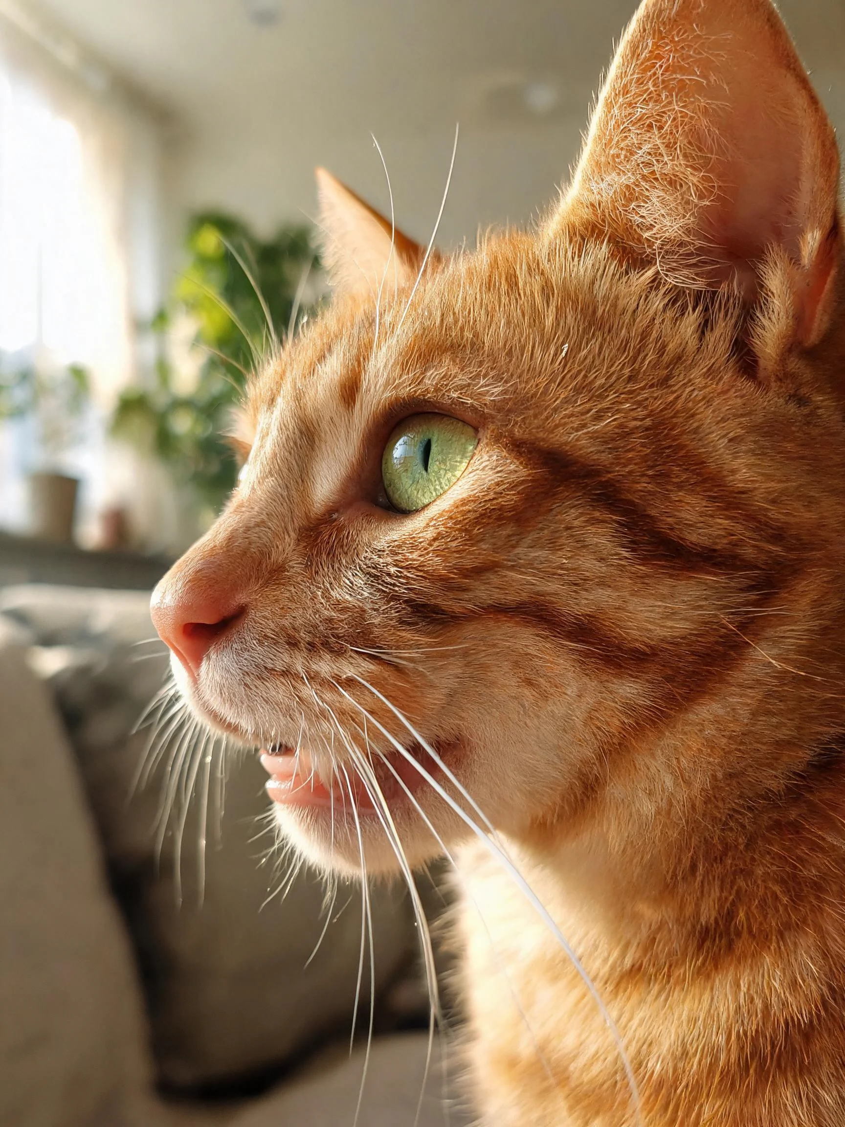 橘色短毛猫,绿色眼睛明亮,面部轮廓清晰,胡须修长。