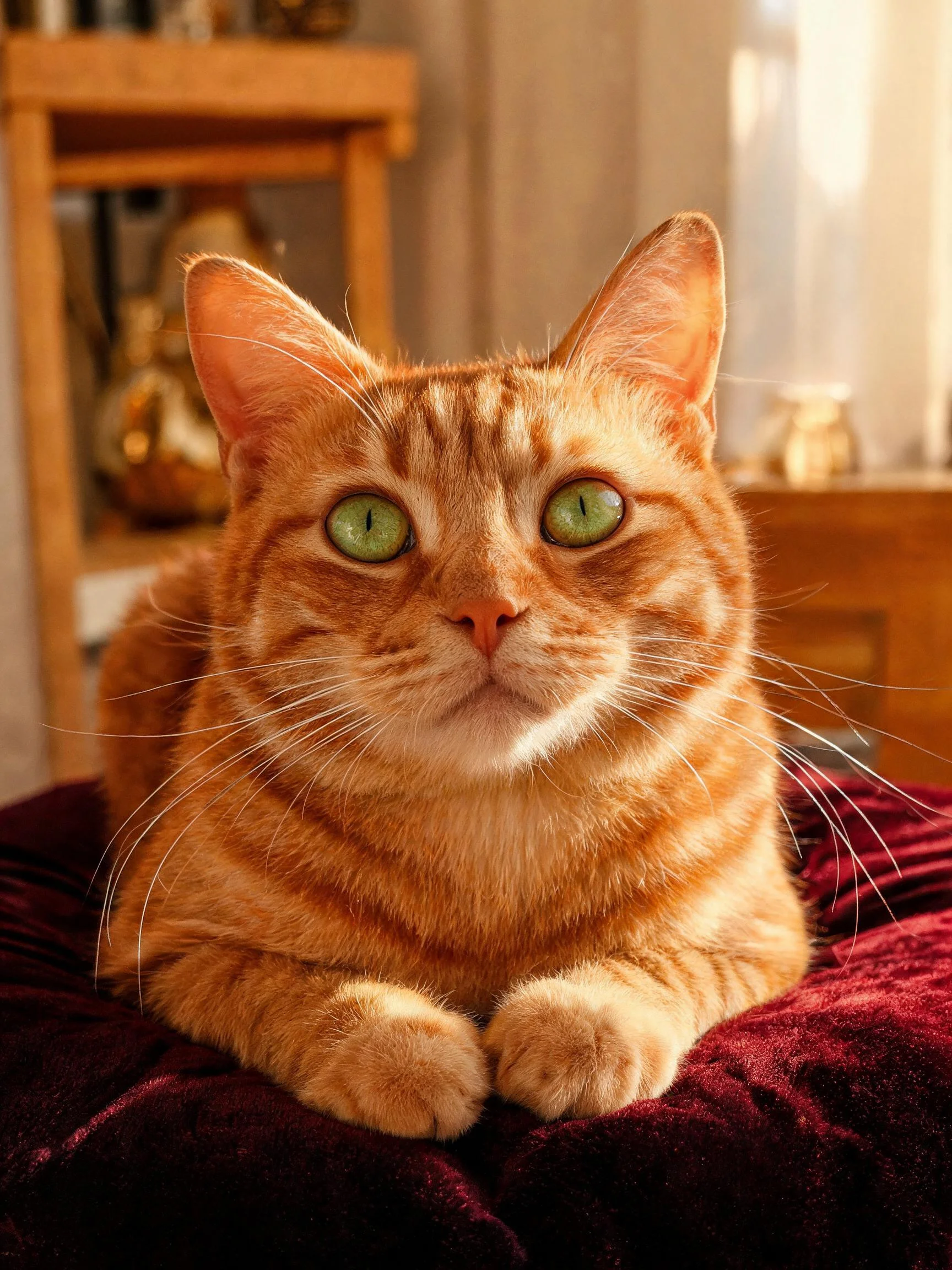 橘色短毛猫拥有明亮的绿色眼睛,趴在深红色绒面软垫上,前爪交叠放置。