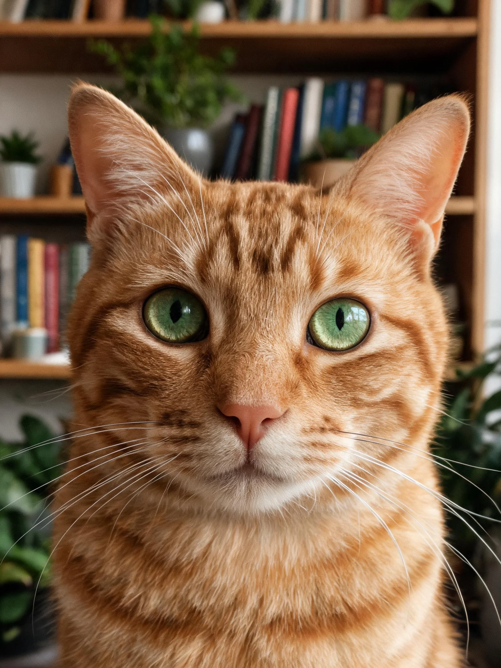 画面中是一只橘色短毛猫,其绿色眼睛明亮,橙黄色带条纹的被毛清晰可见。