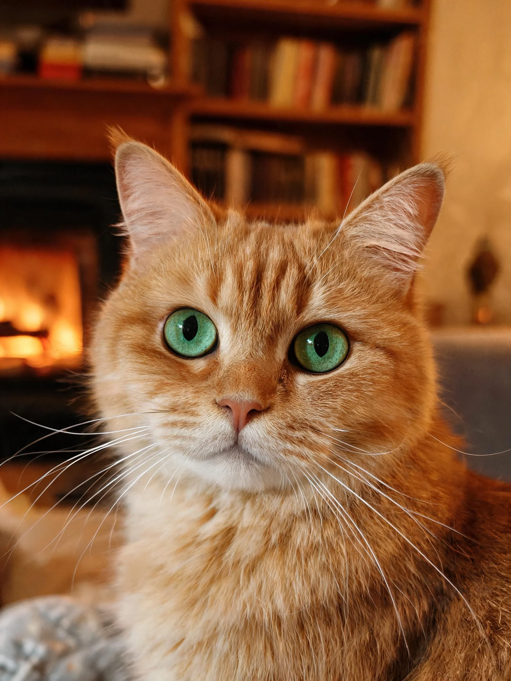 金渐层短毛猫有着明亮的绿色眼睛和柔软的金色毛发,胡须清晰可见。