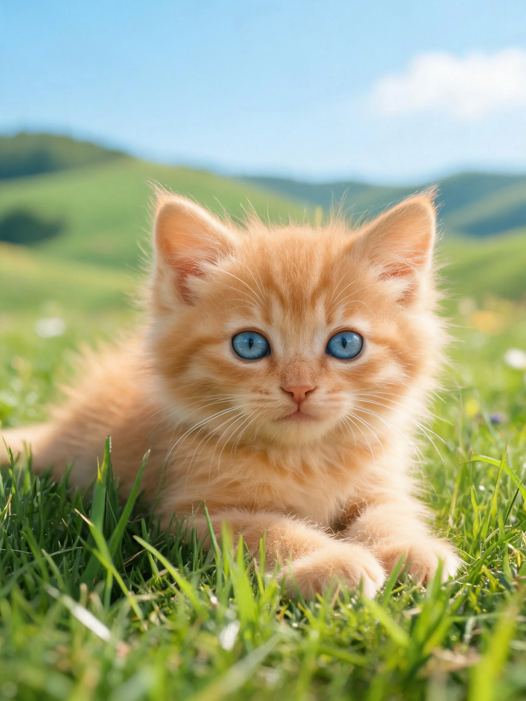 一只橘色短毛小猫，有着蓝色大眼睛，安静地趴卧在草地上。
