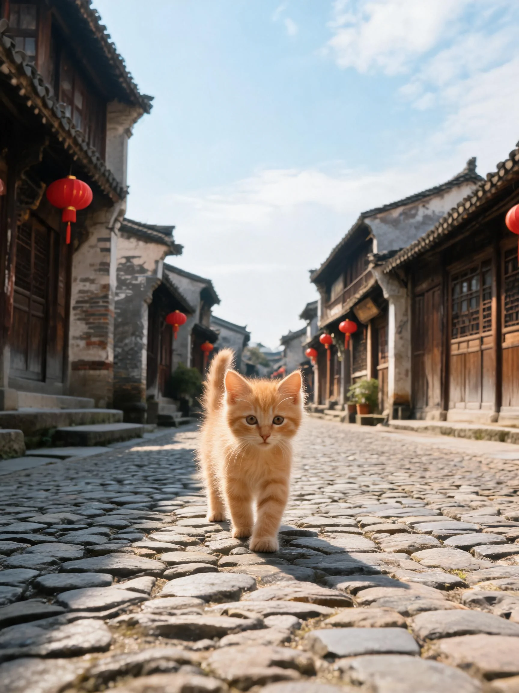 一只浅橙色短毛橘猫在古镇石板路上行走,毛发蓬松且带有的纹理感。