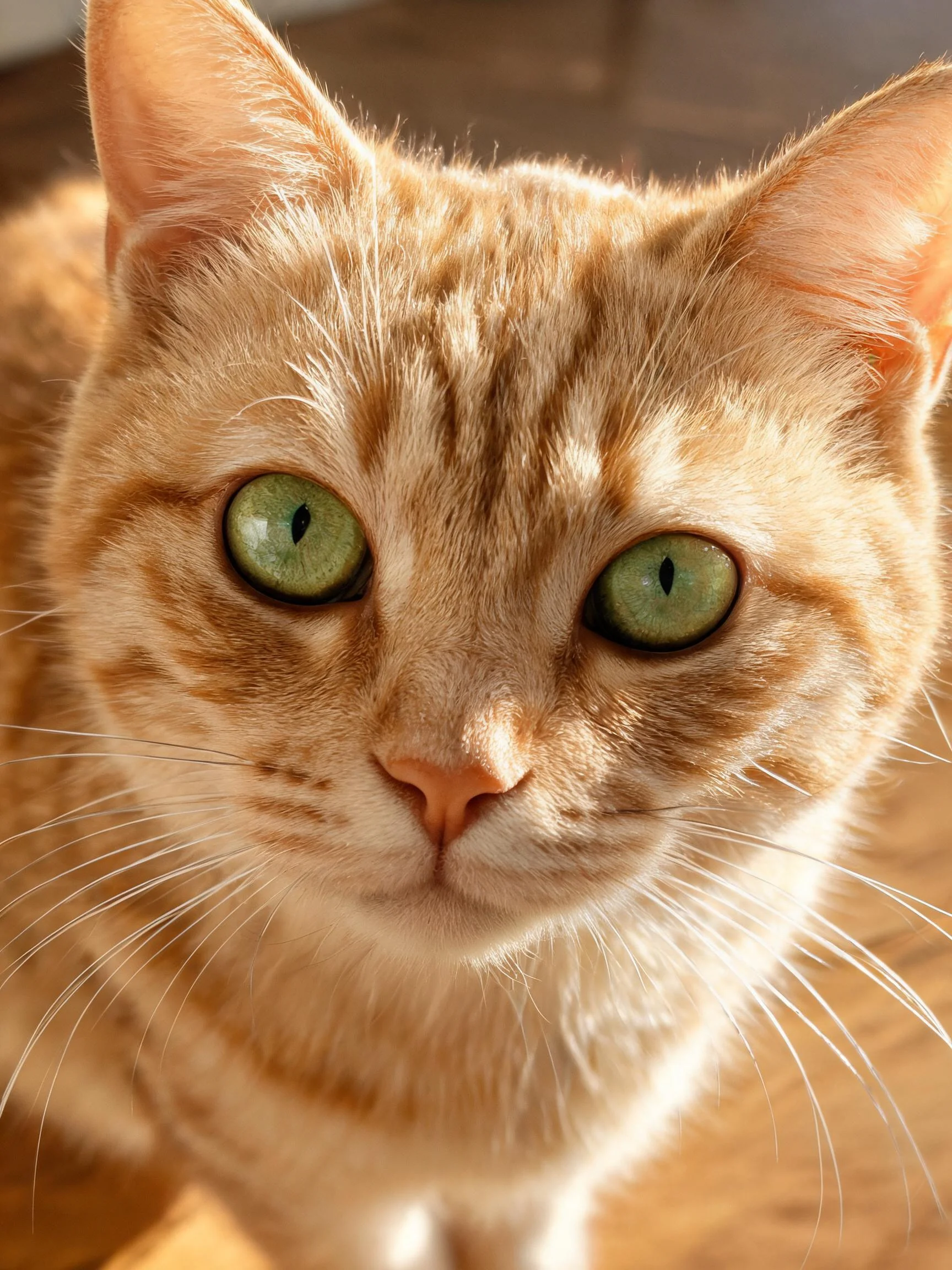 一只橘色短毛猫，拥有明亮的绿色眼睛和带有条纹的橙黄色毛发，正面向镜头注视。