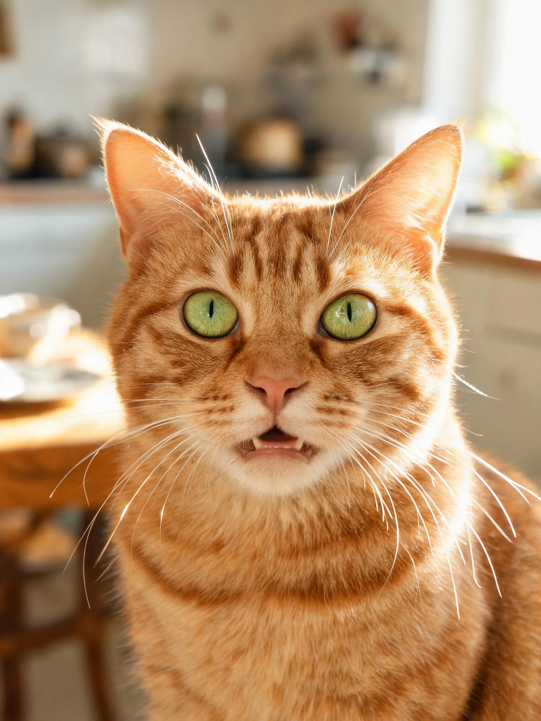 短毛橙虎斑猫有着绿色大眼睛和橙色虎斑花纹,嘴巴微张露出牙齿。