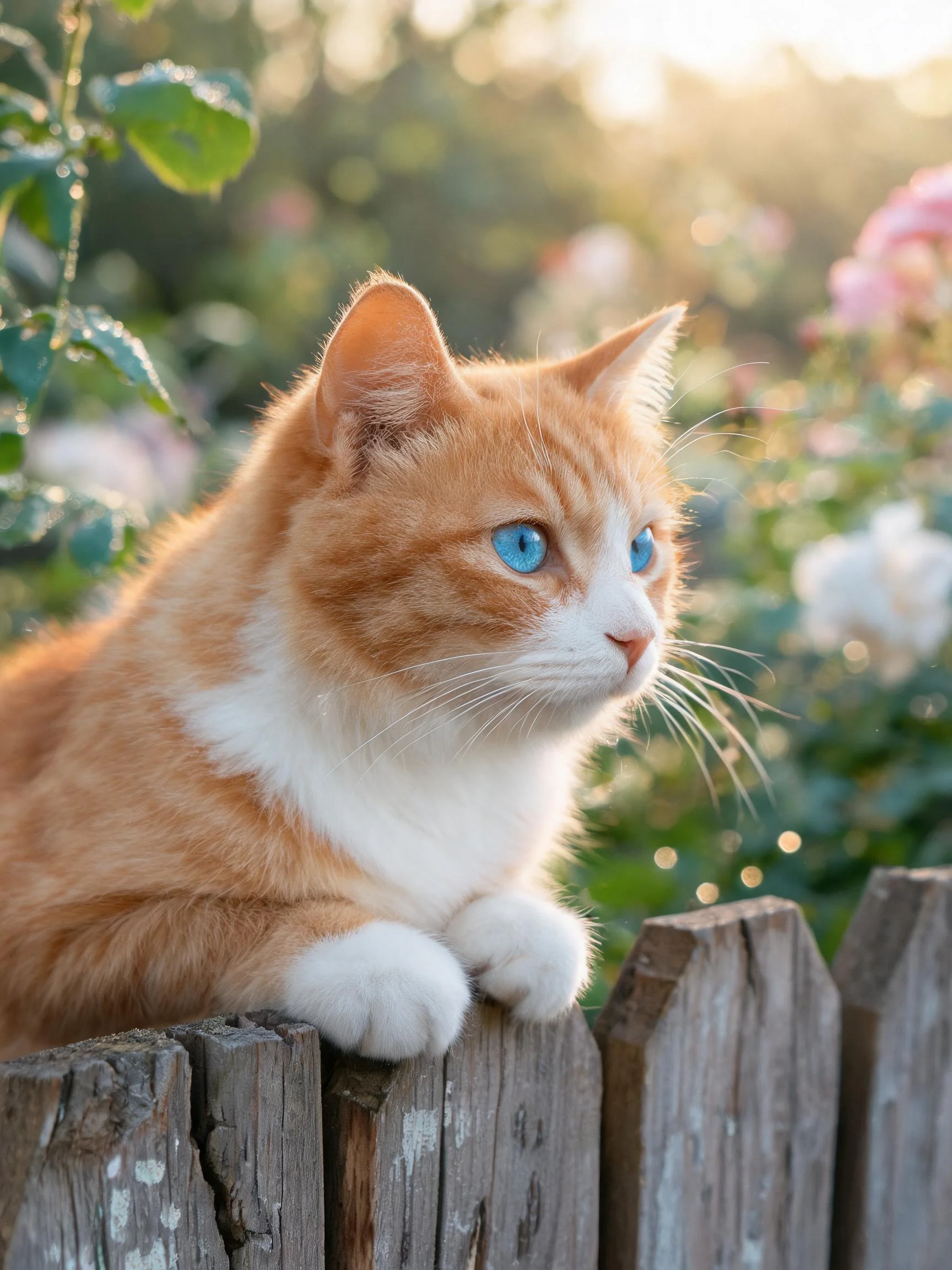 橘白双色短毛猫蓝色眼睛明亮,白色爪子搭在木栅栏顶端。