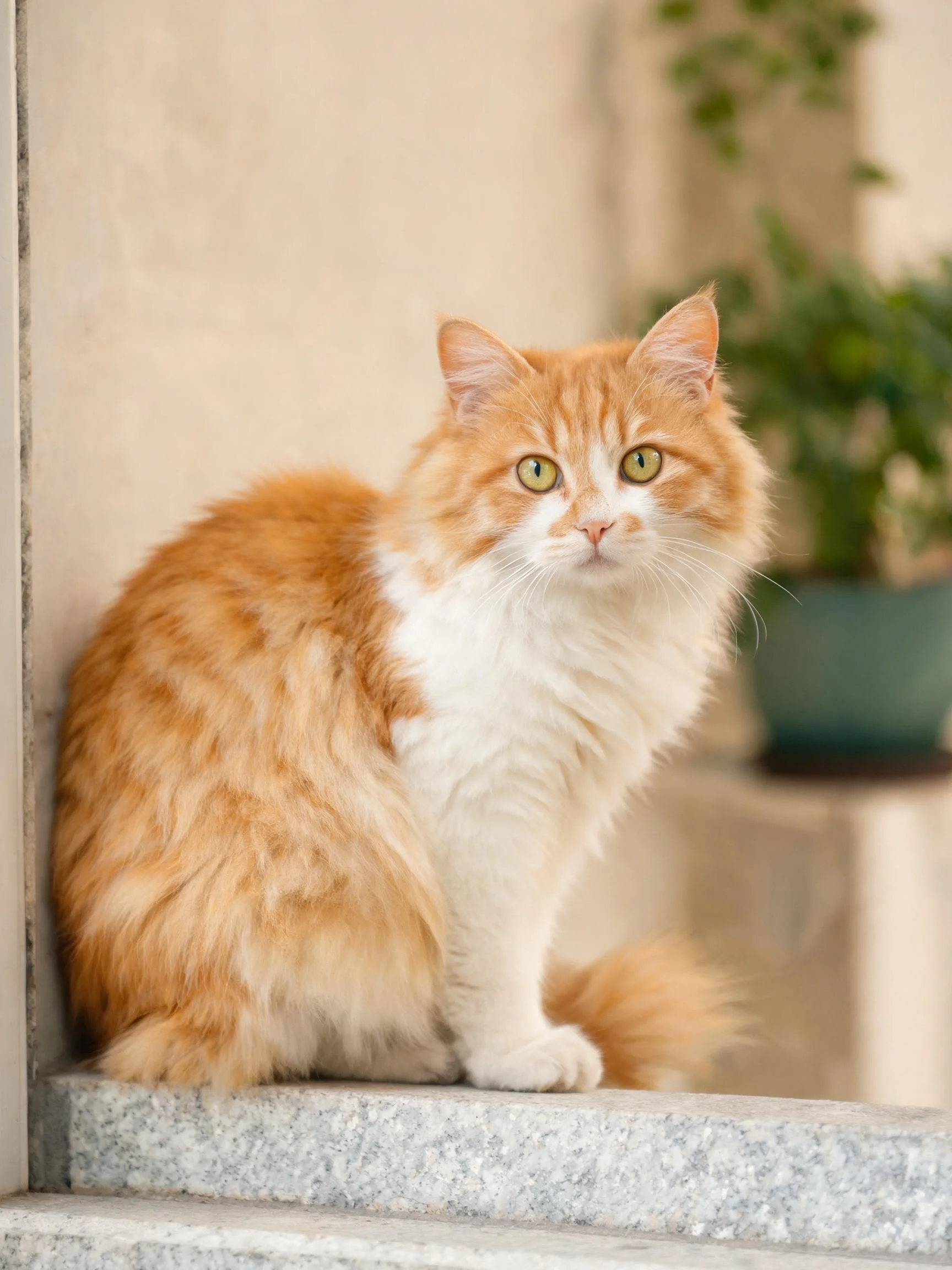 橙白长毛猫专注凝视镜头,蓬松毛发在柔和光线衬托下更显柔顺。