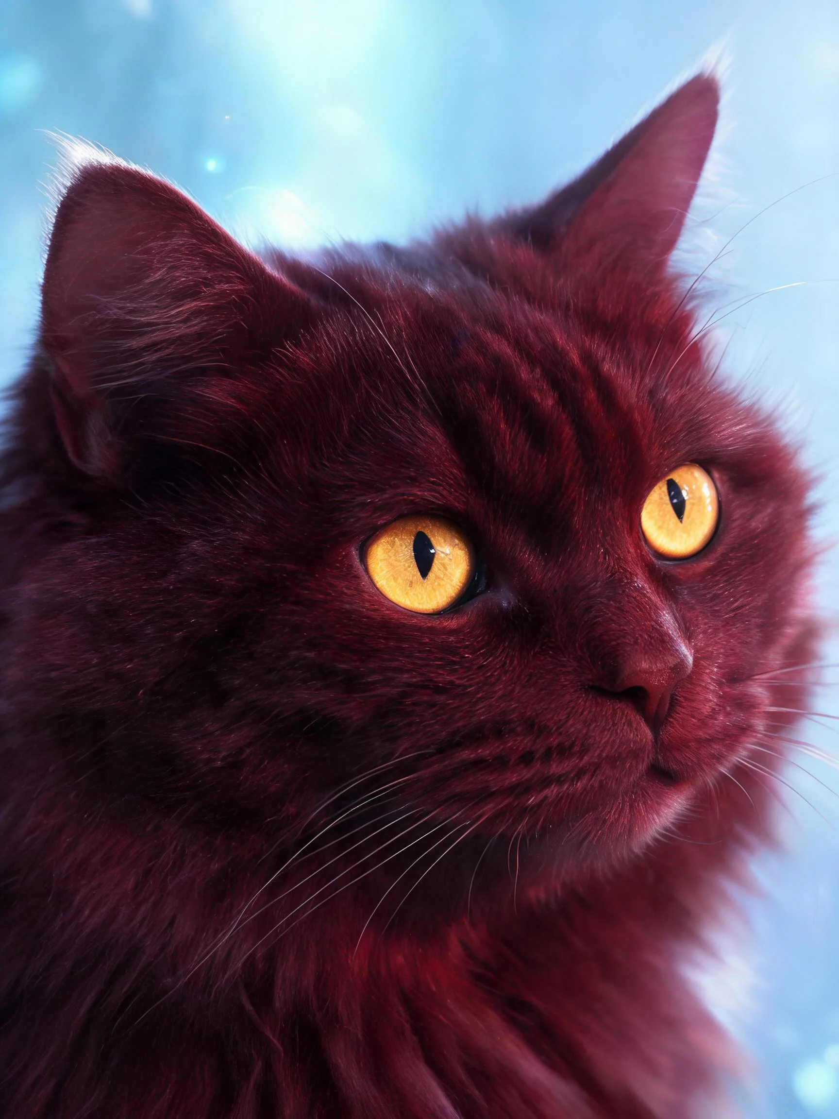 一只红长毛猫,黄色的眼睛明亮有神,毛发为深红色且浓密蓬松。
