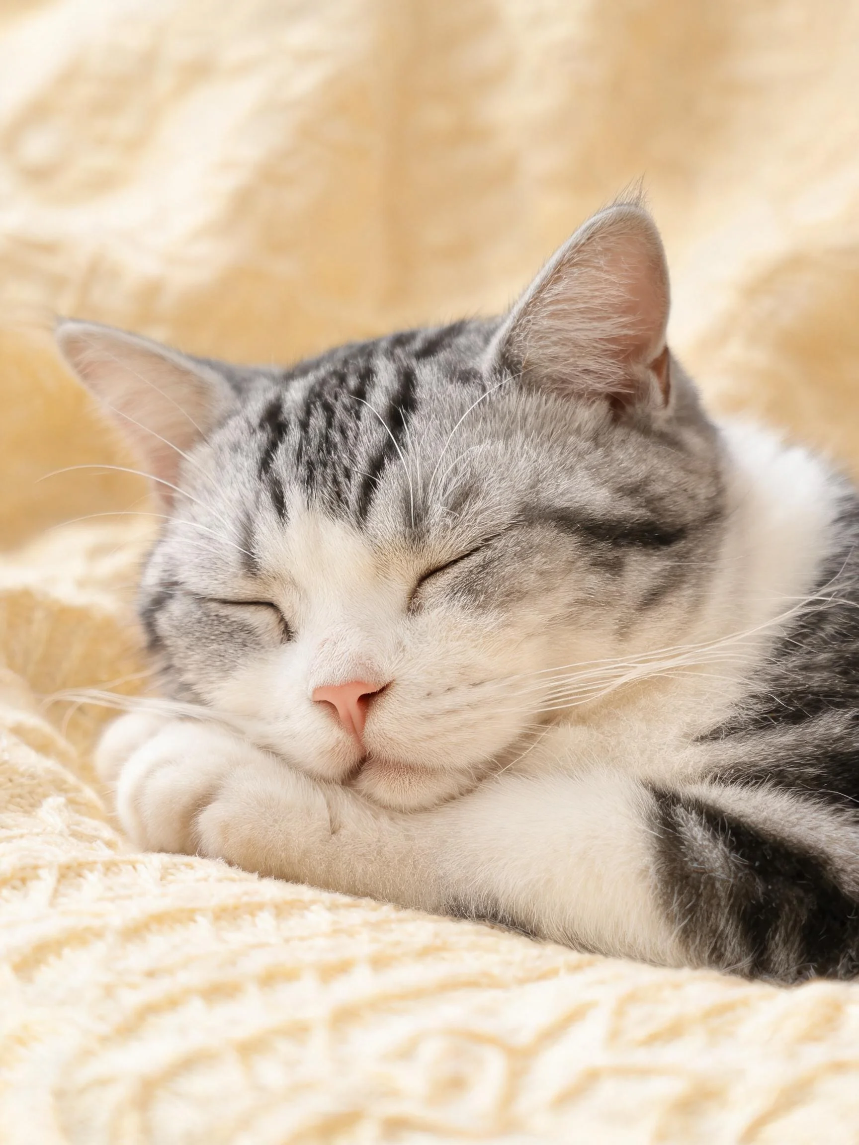 灰白虎斑短毛猫双眼紧闭趴卧在柔软织物上，毛发清晰呈现虎斑纹理与白色区域分布。