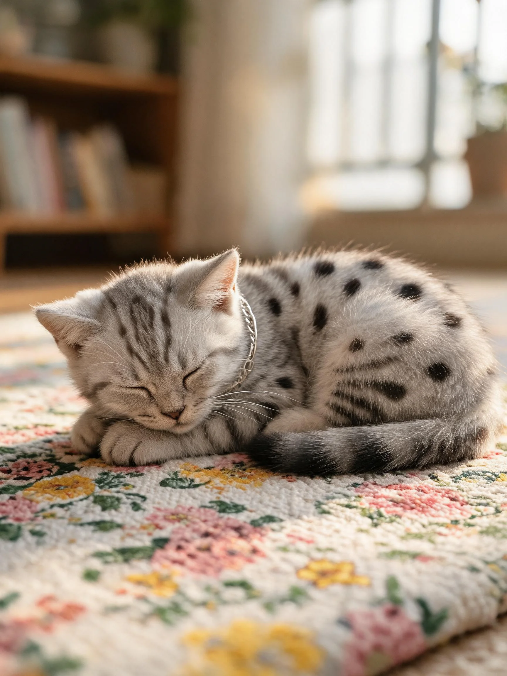 一只银色斑点短毛猫,毛发短而浓密,正蜷卧在彩色花纹地毯上,眼睛闭合处于睡眠状态。