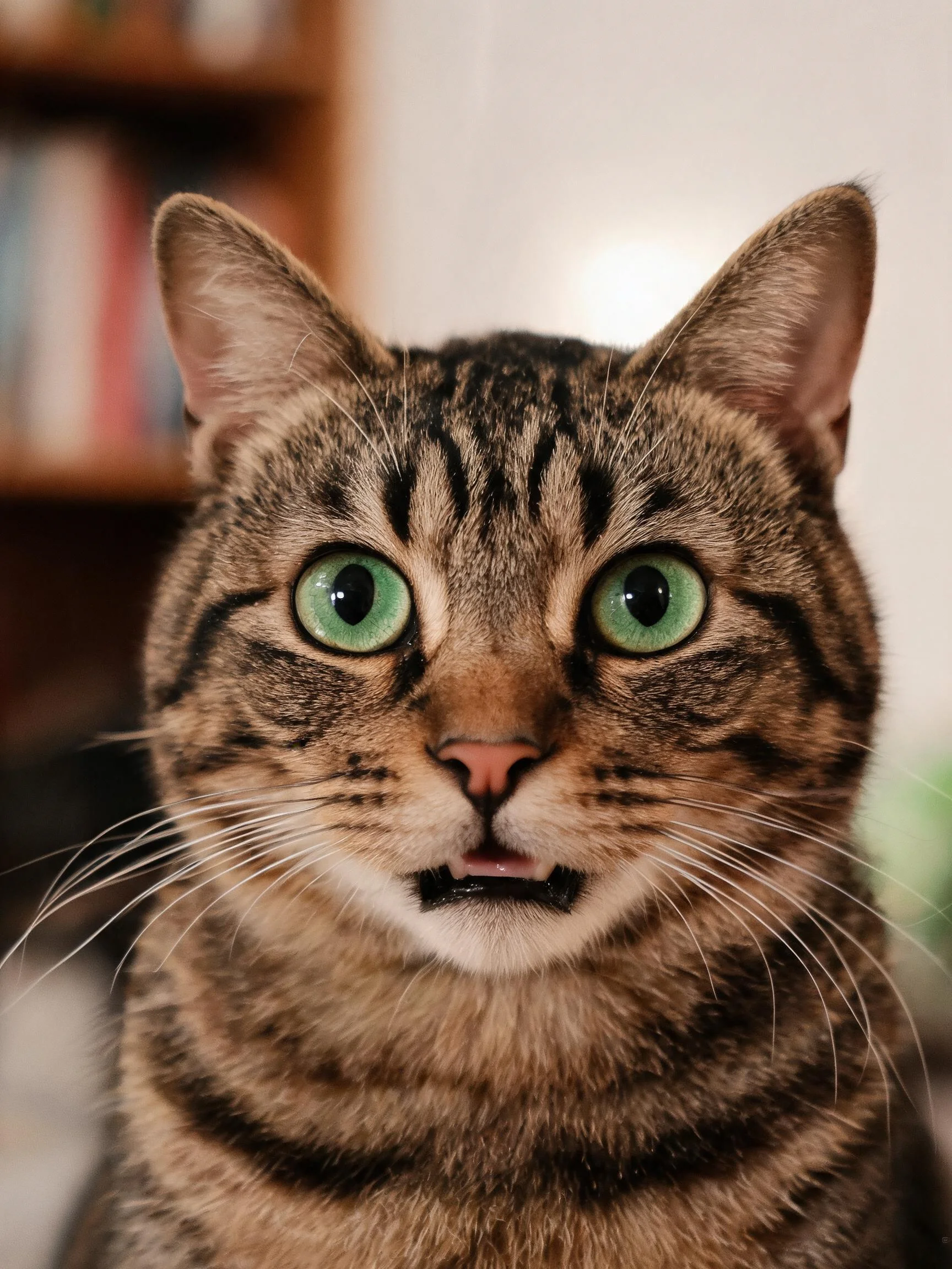 虎斑短毛猫拥有翠绿色眼睛,面部特写显示其嘴巴微张状态。