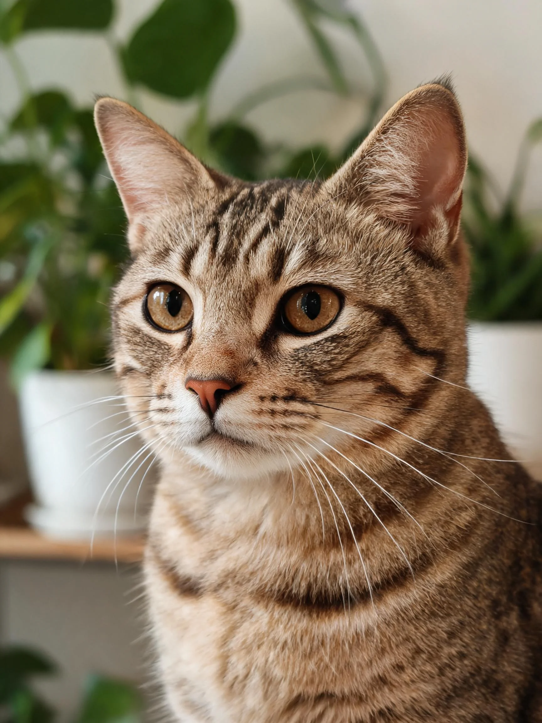 虎斑短毛猫有着清晰的条纹斑花纹,金棕色眼睛明亮,胡须修长。