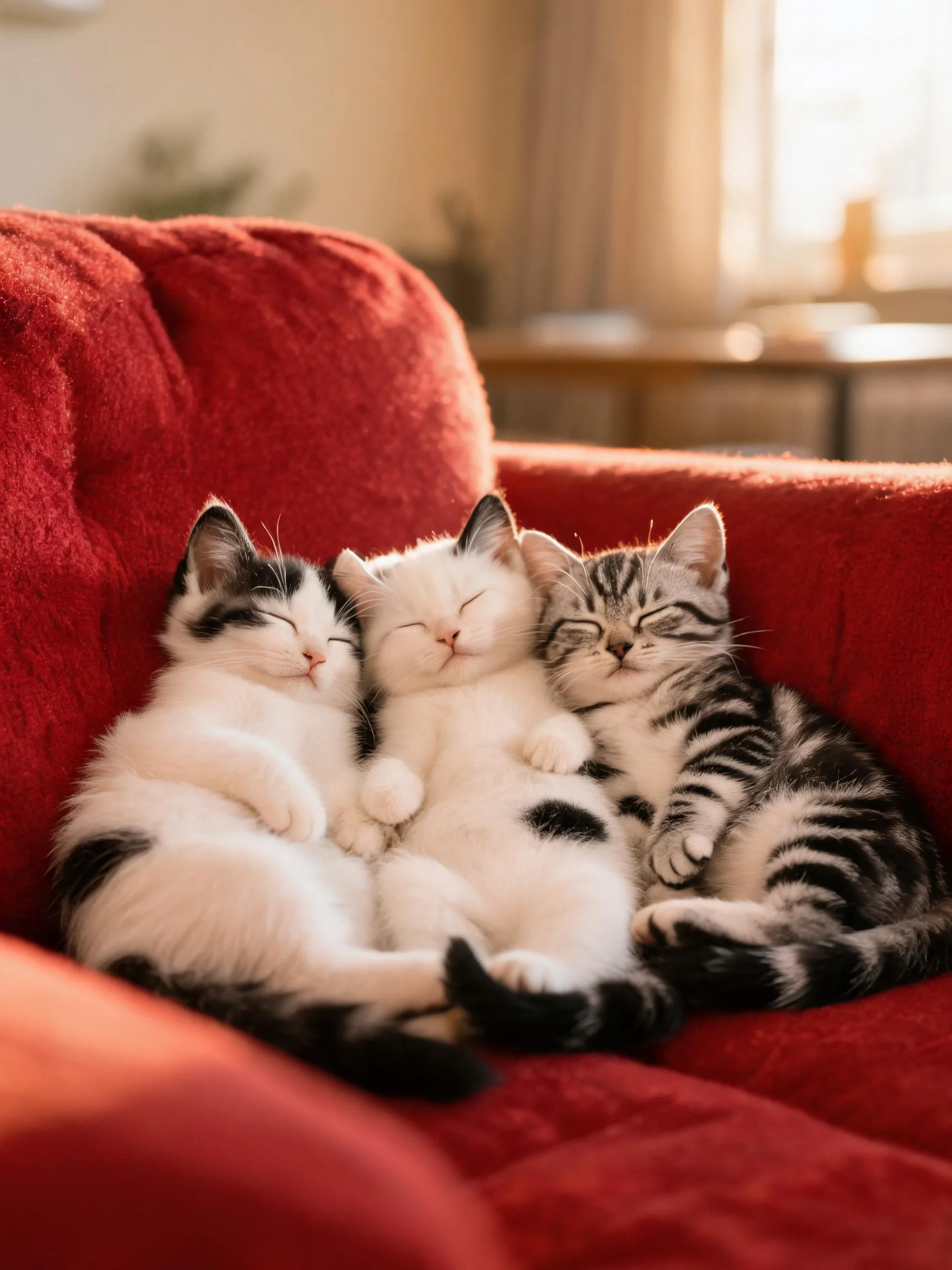 三只短毛家猫依偎在一起,右侧猫咪带有虎斑纹路,毛发柔软顺滑贴附身体。