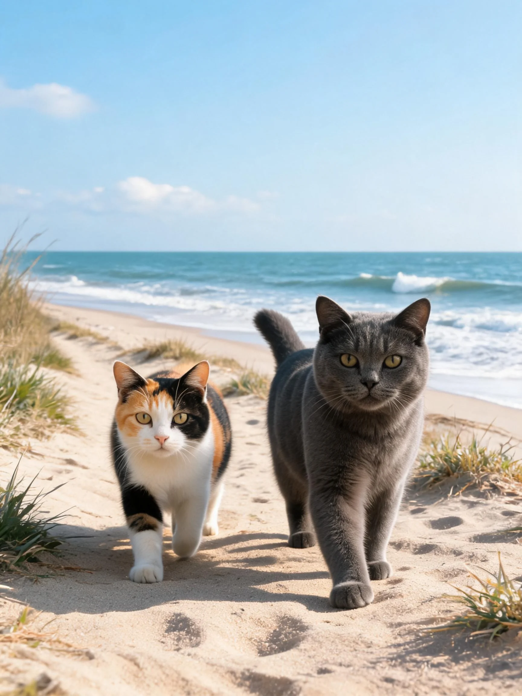 三色短毛猫与灰色短毛猫在沙滩小径上行走,三色猫有黑、白、橙相间的被毛,灰色猫被毛呈均匀灰色。