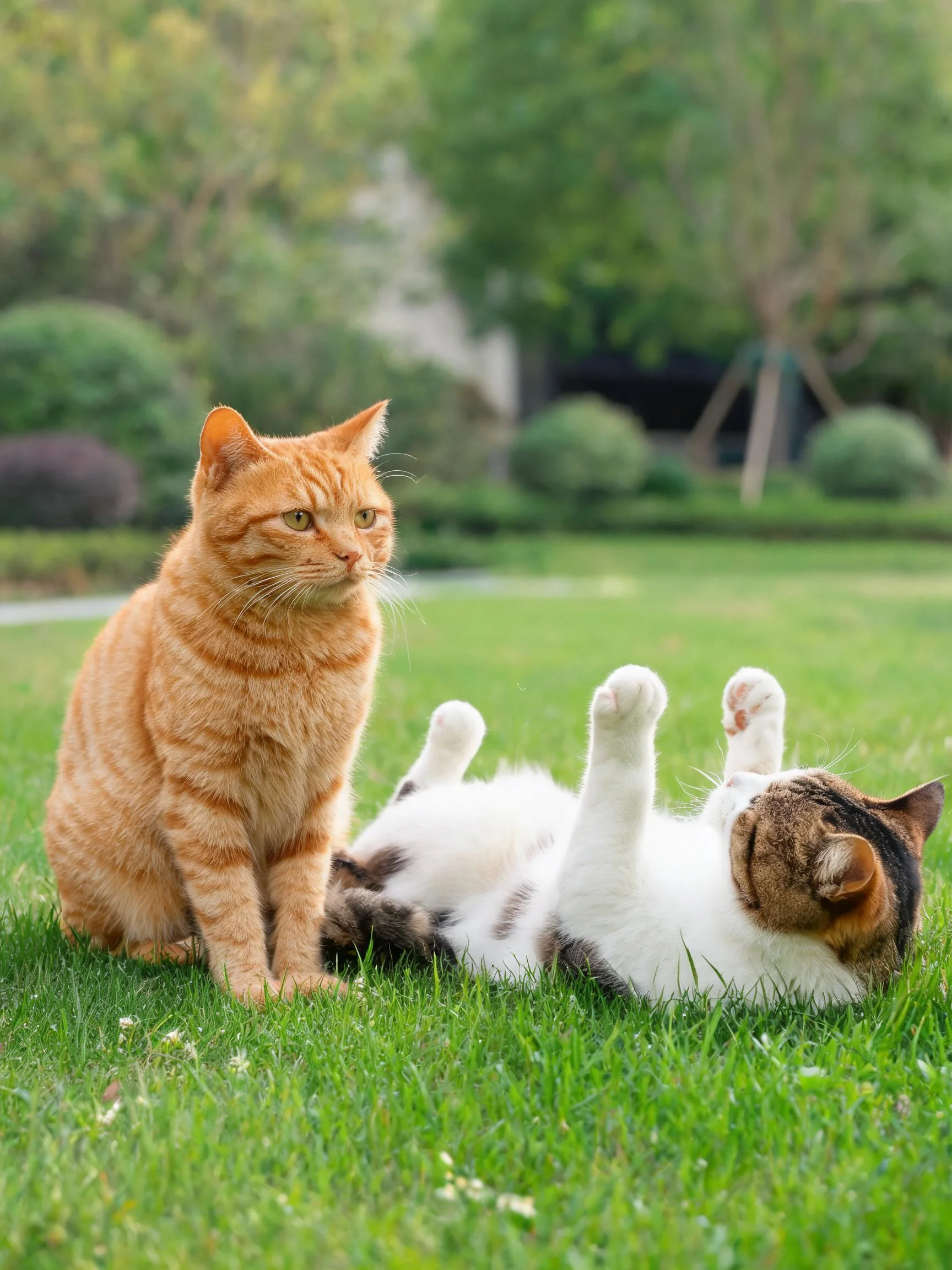 橘色短毛家猫安静注视着躺卧在三色短毛家猫身旁，它们的毛发清晰可见，处于光线照射下的草地环境中。