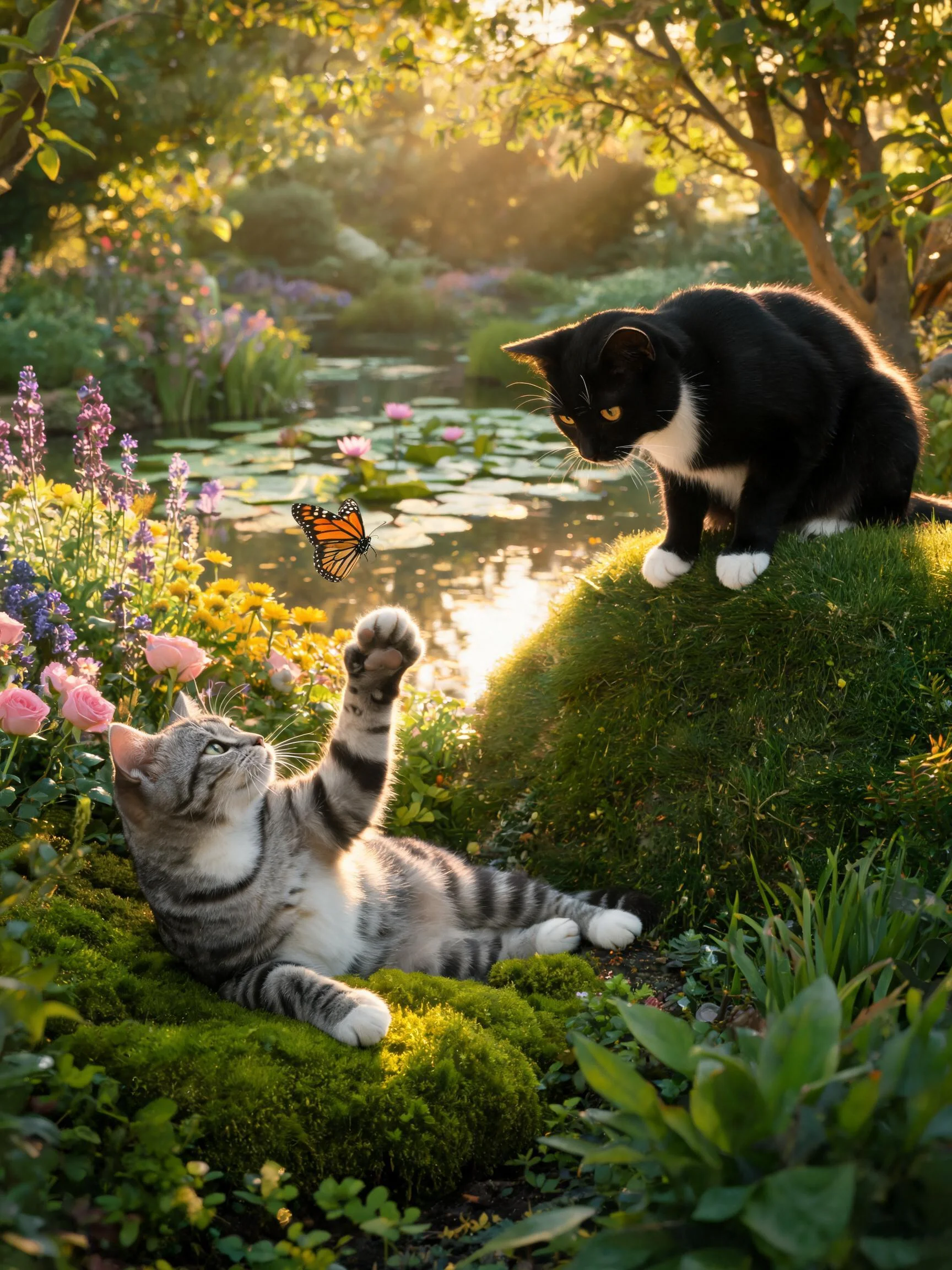灰虎斑短毛猫与黑白短毛猫在园林池塘边互动,灰虎斑猫皮毛柔软且带有清晰虎斑纹理。