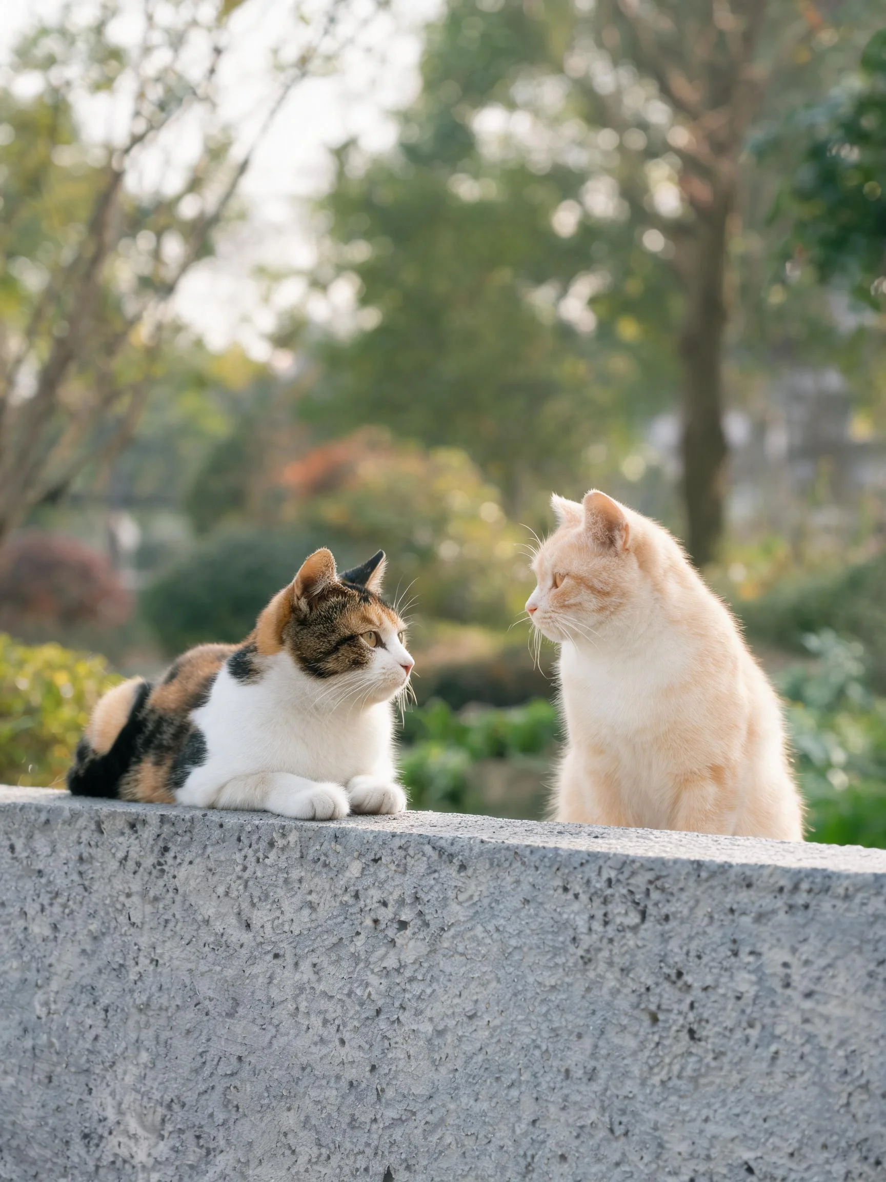 三色短毛家猫与橘色短毛家猫在石质平台上相互凝视，三色猫皮毛有白、黑、橙三种颜色分布。